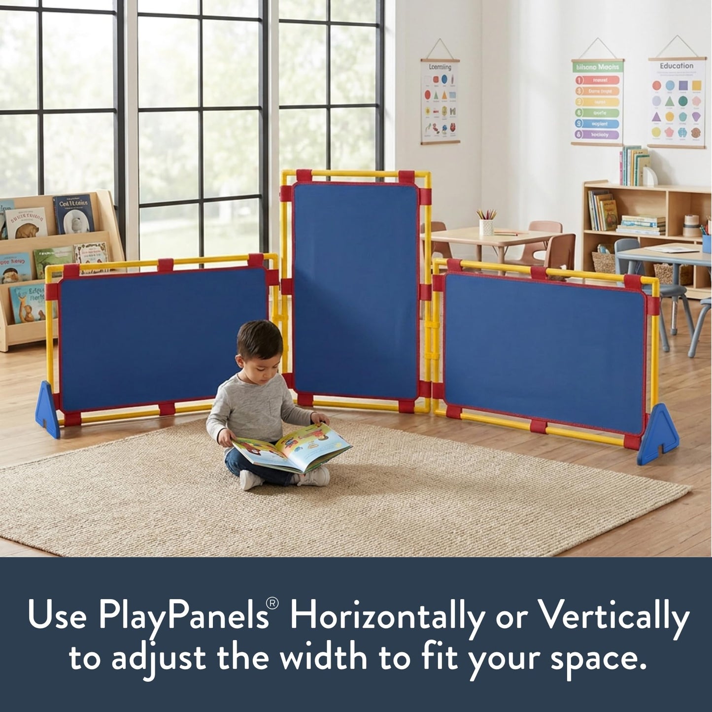 Children's Factory Rectangle PlayPanel Set - 3, Kids Room Divider Panel, Classroom Partition, Free-Standing Screen for Daycare or Preschool, Cantilever Feet Included, Blue