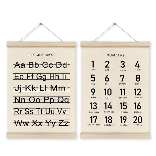 HRQKO Alphabet Numbers Poster Hanger Frame Set of 2, Nursery Wall Decor, Black ABC Poster Wall Art with Wooden Frames, Alphabet Banner Wall Hanging Decor for Boy Toddler Room Playroom, 12x16 Inch