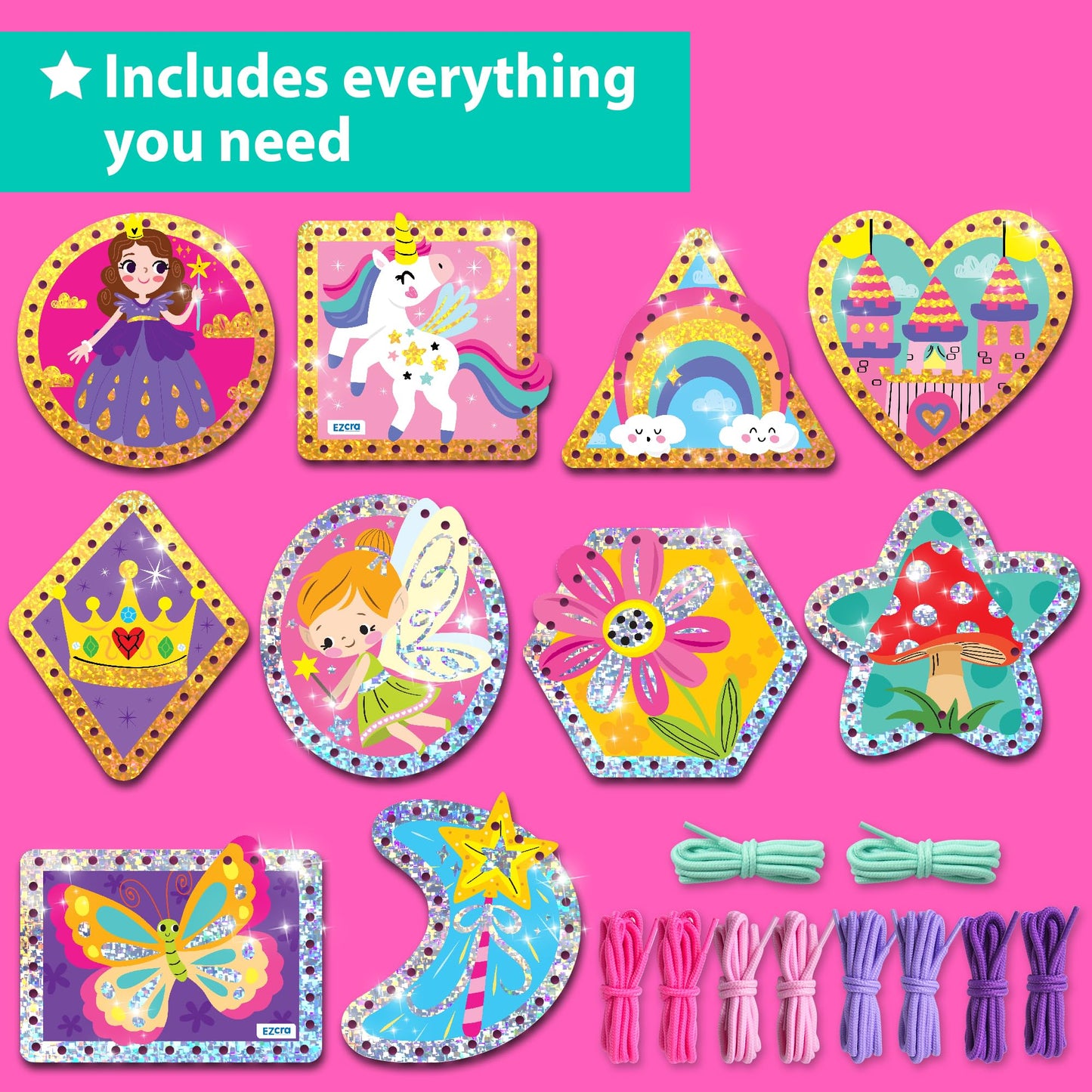 KRAFUN My First Lacing Cards for Girls Age 3+, 10 Holographic Princess Unicorn Arts & Crafts Projects, Fine Motor Skills Toys, Premium Foil Activity Set with Princess Unicorn Fairy Castle Butterfly