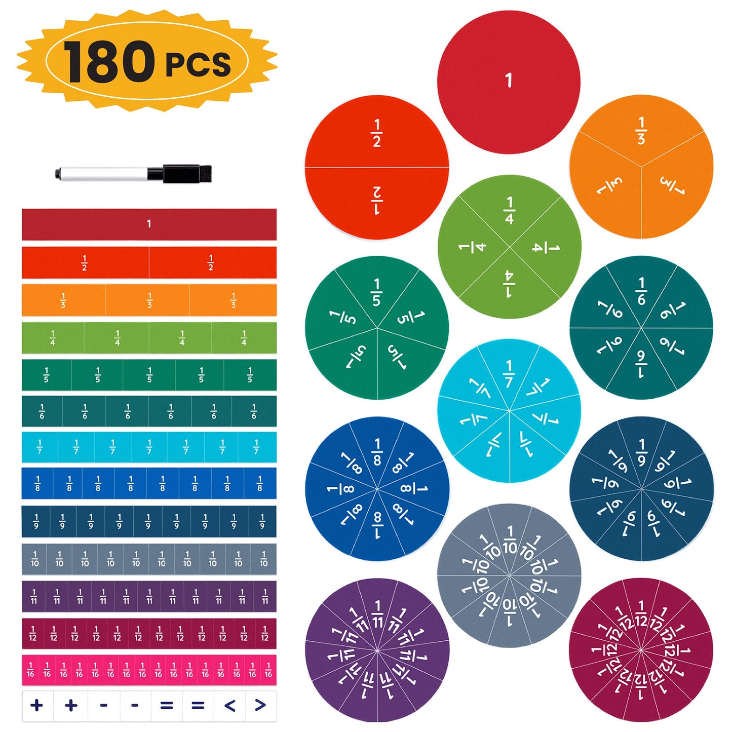 Oyster&Pop 180pcs Award-Winning Fraction Manipulatives - Large Magnetic Fraction Tiles and Circles Magnets Set - Fractions for Kids - Hands-On Montessori Math - Includes Learning Fractions eBook