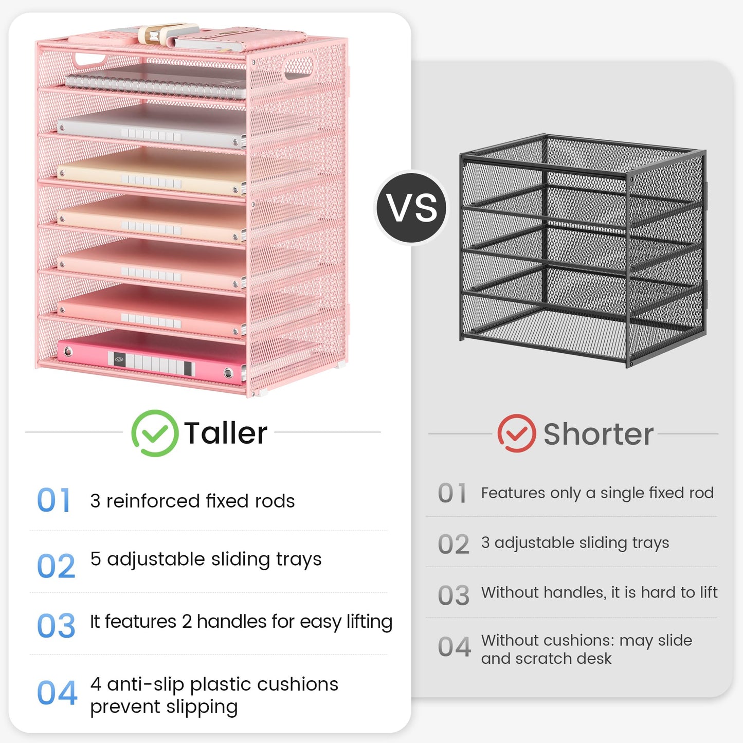 Lavatino 2 Pack 8-Tier Office Desk File Organizer, Letter Tray Paper Organizer with Handle, Including 5 Adjustable Slide Trays for Organizing Desk Workspace Accessories and Supplies (Pink Mesh)