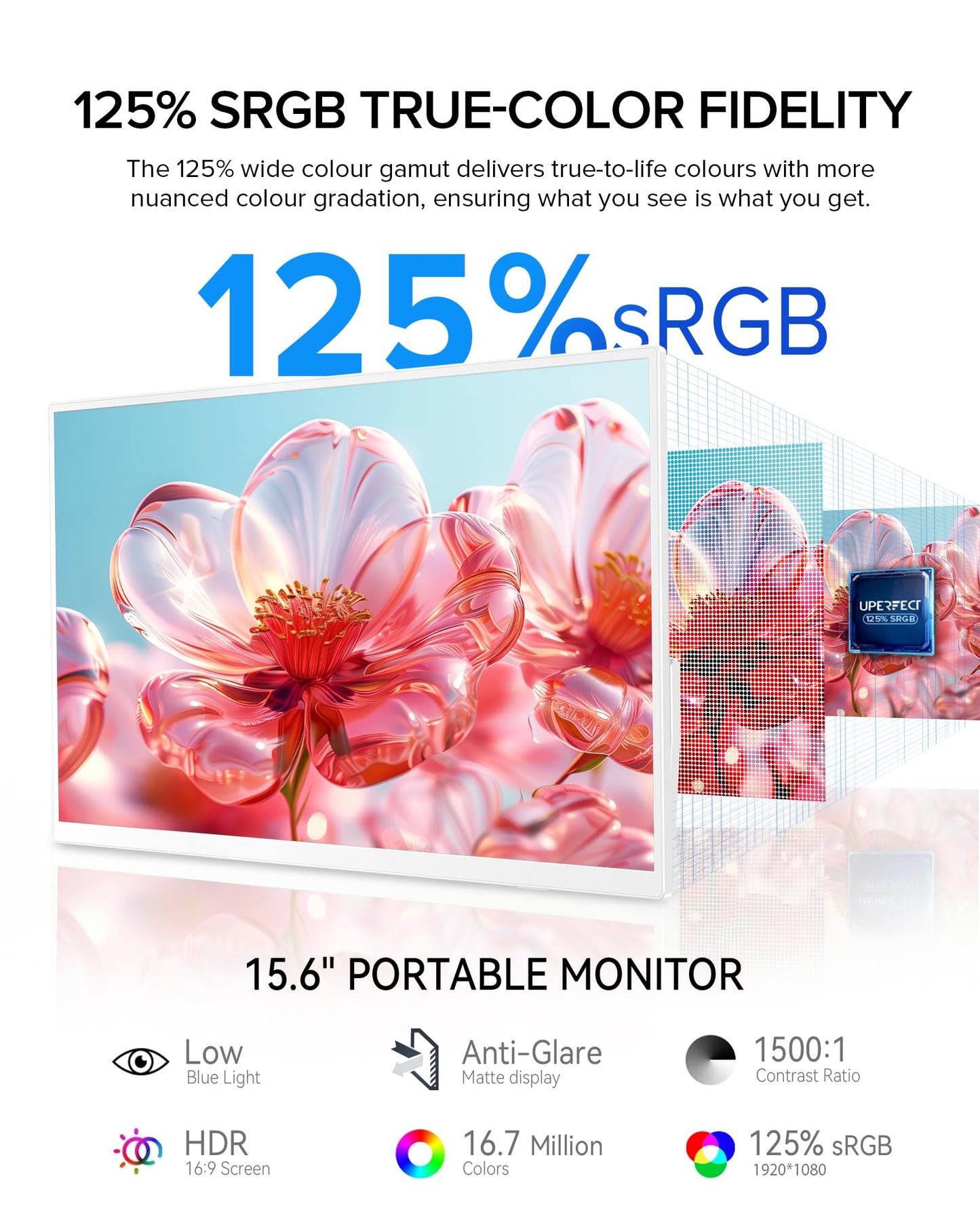 UPERFECT Portable Monitor 15.6", 125% sRGB 1080P Laptop Monitor, Ultra-Slim White Display, USB-C & MINI HDMI, 350 Nits, VESA & Case, Travel Small Second Screen for Computer, Mini PC, Game Consoles