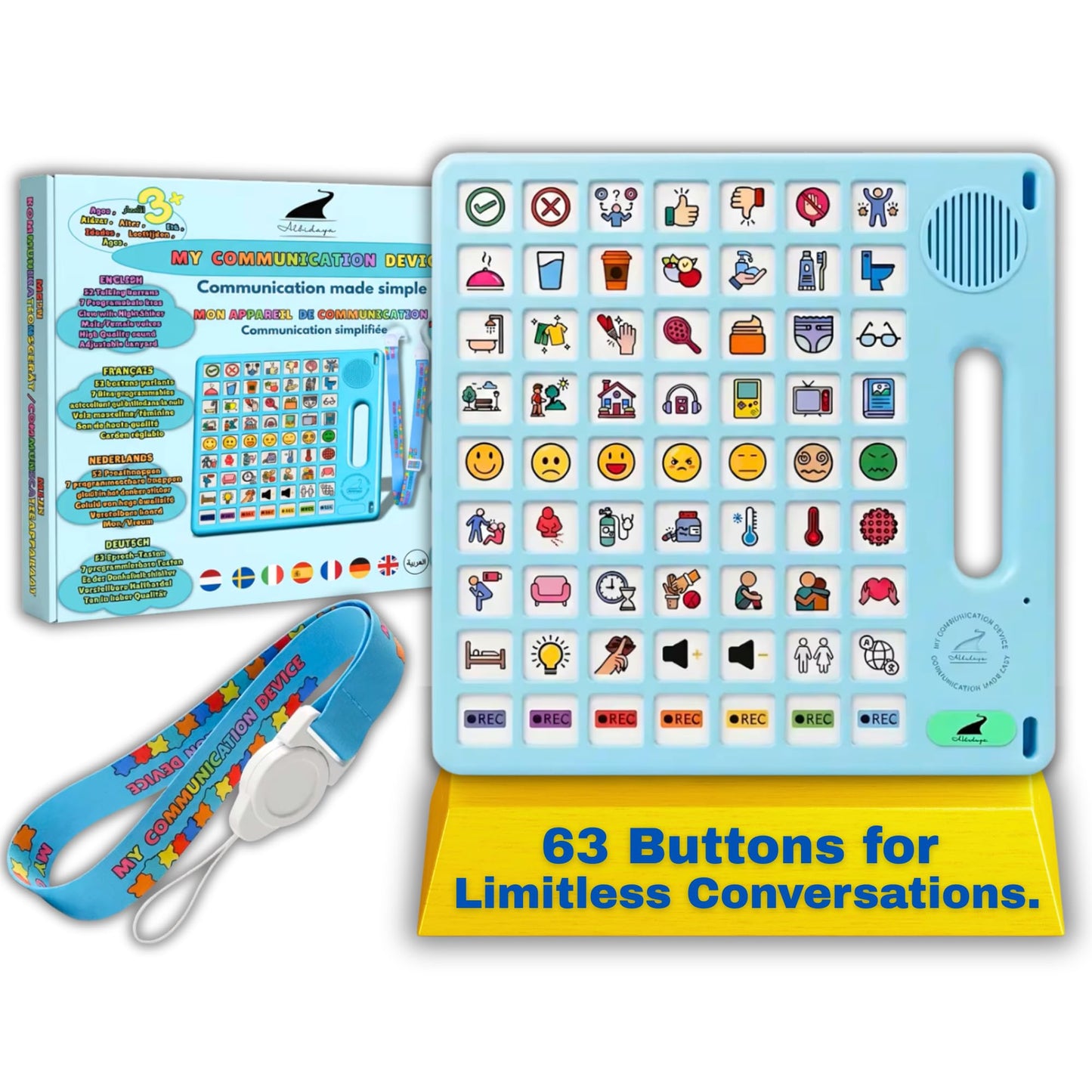 8 Languages AAC Device for Autism, 63 Buttons, Communication Board for None Verbal, Stroke Survivors Speech Support, TBI, Talking aid Tool for Delayed Speech terapy, Ajustable Lanyard.