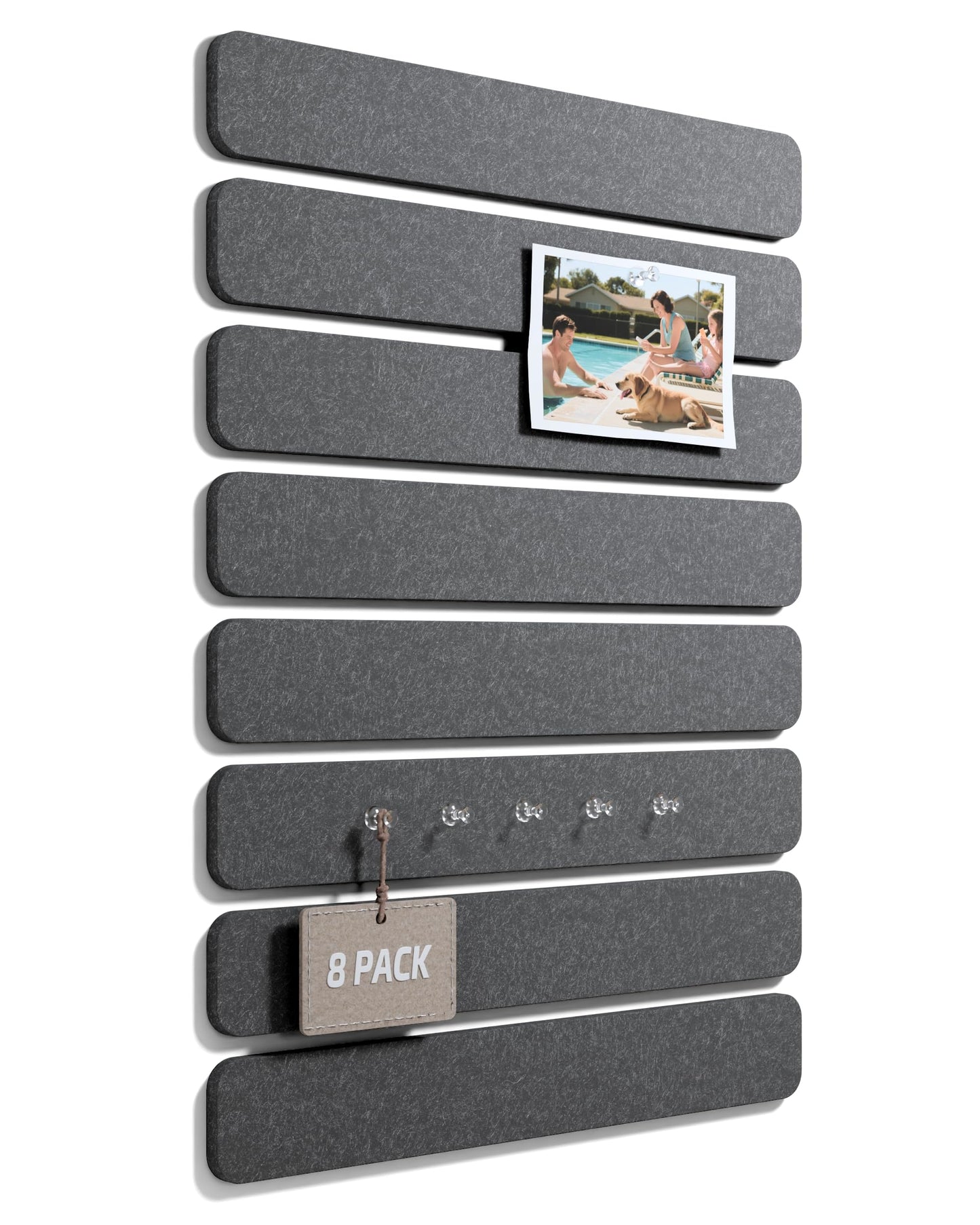 Fluxynara Cork Board Alternative Felt Strip Board 8-Pack 13"x2", Office Pin Board with 50 Push Pins, Adhesive Install for Bedroom Door & Home Office (Charcoal Gray)
