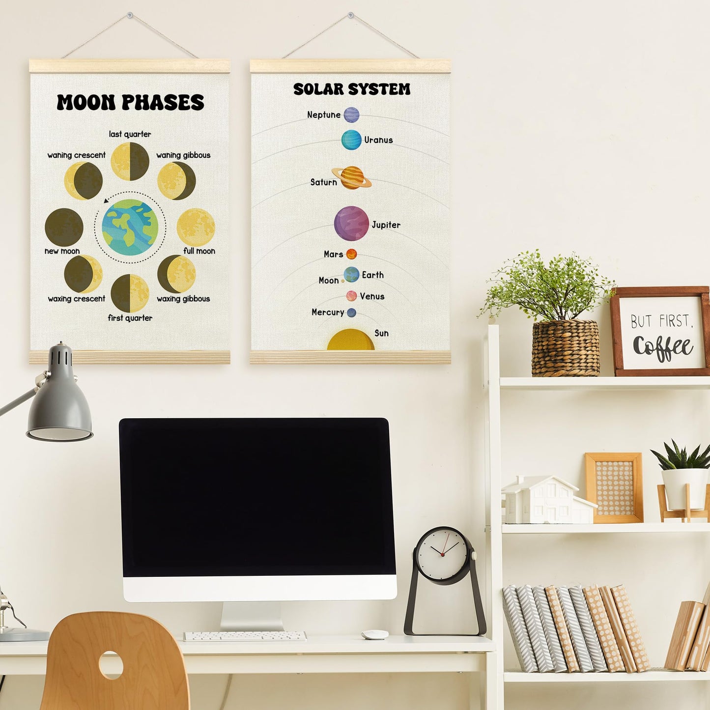 TLESKE Classroom Moon Phases Solar System Space Poster Hanger Frame Set of 2, Homeschool Hanging Wall Art Room Decor for Toddlers Kid Nursery Playroom, Preschool Prek Learning Educational Print, 16x24
