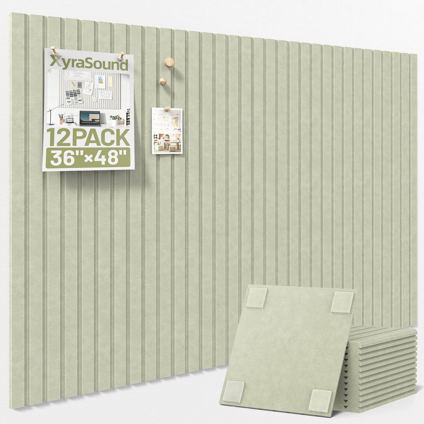 Large Cork Board for Wall 36" x 48" Sage Bulletin Board with Safe Removable Adhesive Squares for Pictures Photos, Alternative CorkBoard Felt Pin Boards Tiles for Office Classroom Wall Decor - 12 Pack