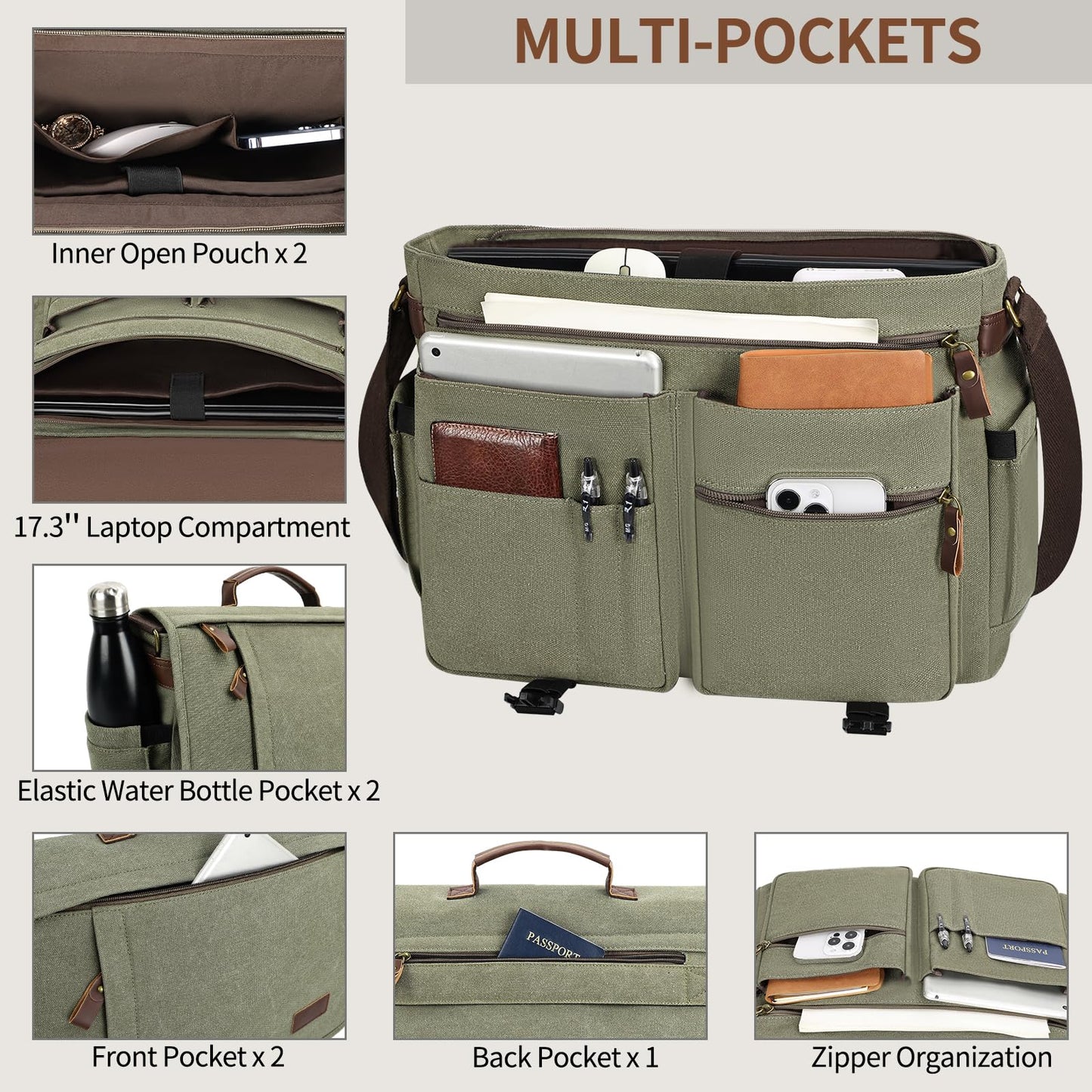 ESTARER Messenger Bag 17.3 Inch, Mens Computer Bag Water-resistant Canvas, Laptop Bag Satchel Briefcase for Teacher/College/Work/Travel, Army Green