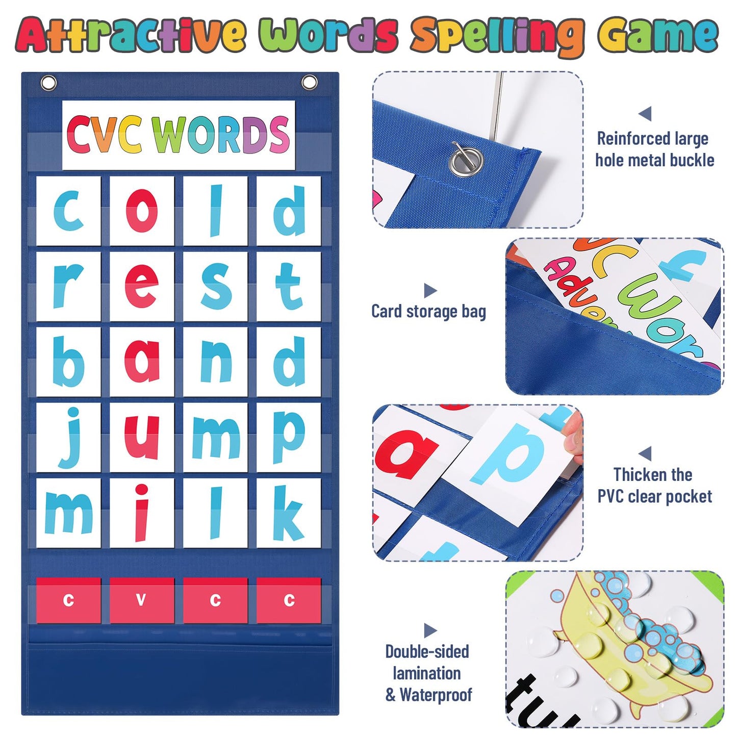 Pasimy CVC Word Pocket Chart with 65 Double-Sided Phonics Flash Cards Classroom CVC Word Literacy Games Preschool Kindergarten Classroom Must Haves for Learning Reading and Spelling(Blue)
