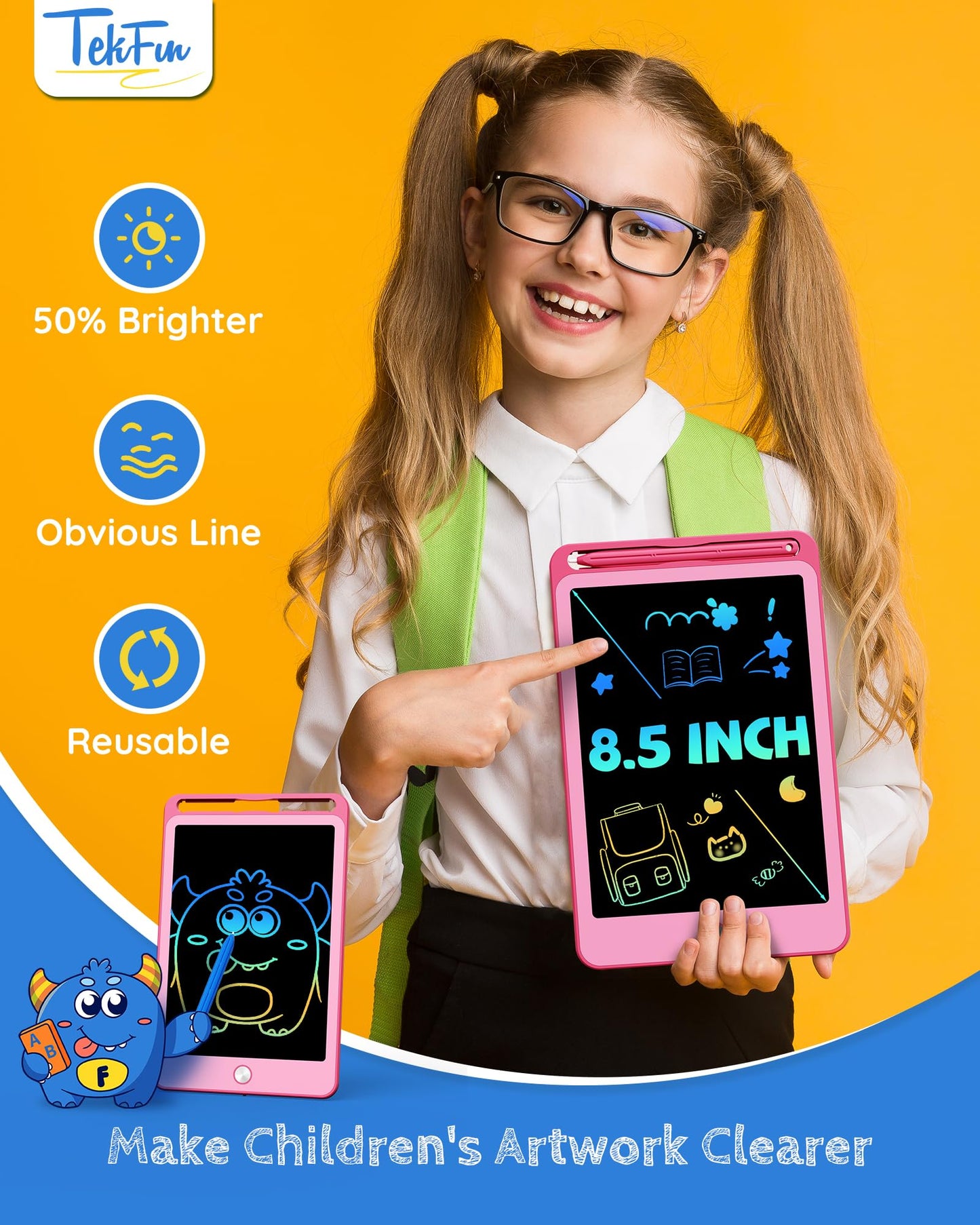 TEKFUN 2 Pack LCD Writing Tablet for Kids, 8.5 Inch Blue+Pink Doodle Board Drawing Board Drawing Tablet with Lanyard, Educational Kids Easter Christmas Toys Birthday Gift for Boys Girls 3-12 Years Old