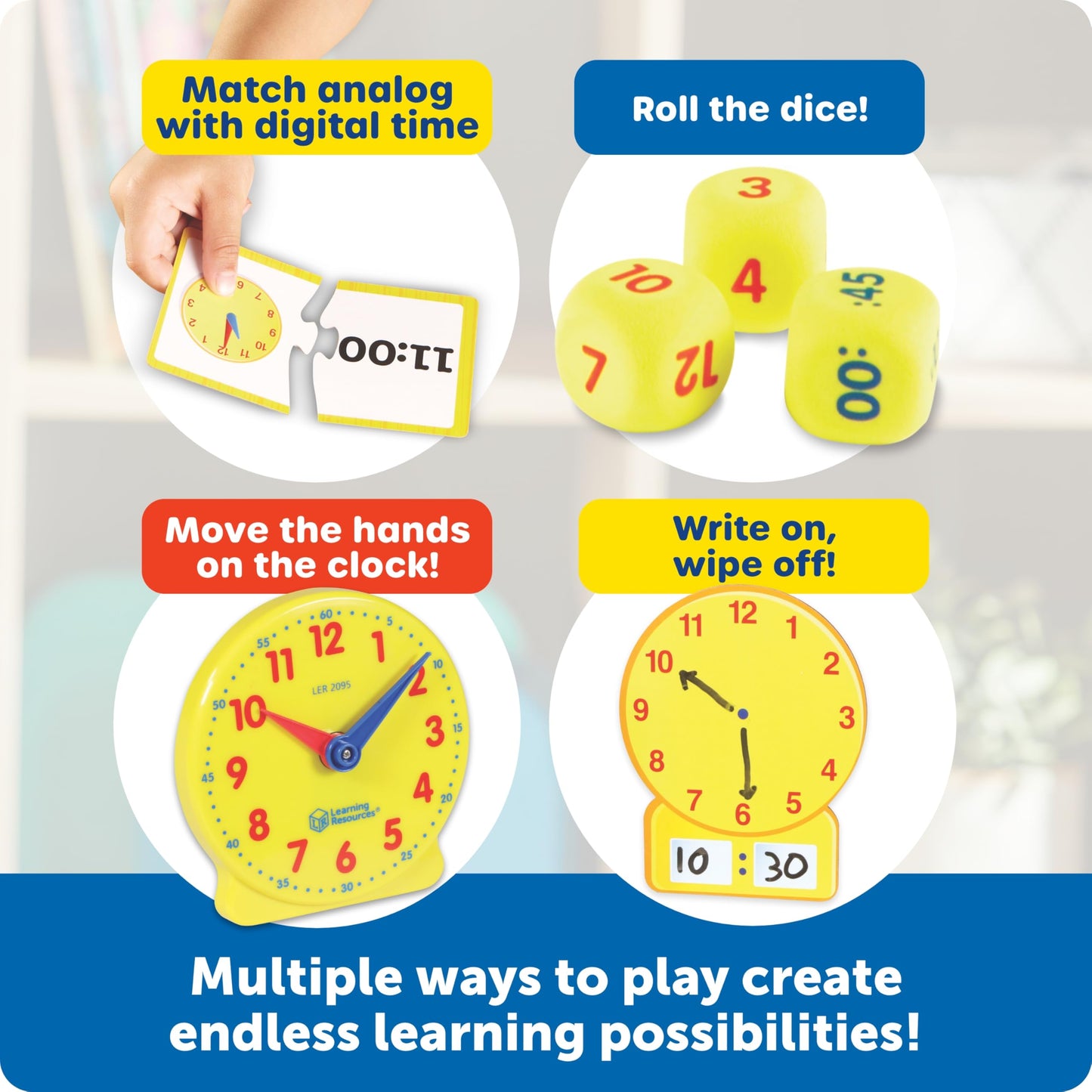 Learning Resources Time Activity Set - Kids Learning Clock, Classroom Clocks for Students, Telling Time Teaching Clock, Analog Clocks for Kids, Teaching Classroom Supplies