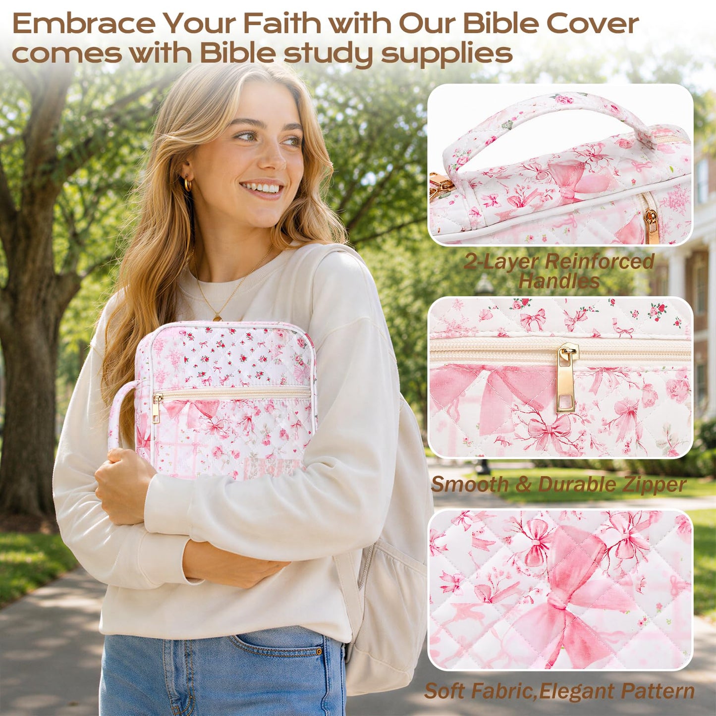 XKDOUS Bible Cover for Women Church Book Holder Quilted Carrying Case with Handle, Tabs, Study Supplies Portable Bible Bag Journaling Kit Christian Gifts for Mom Lady