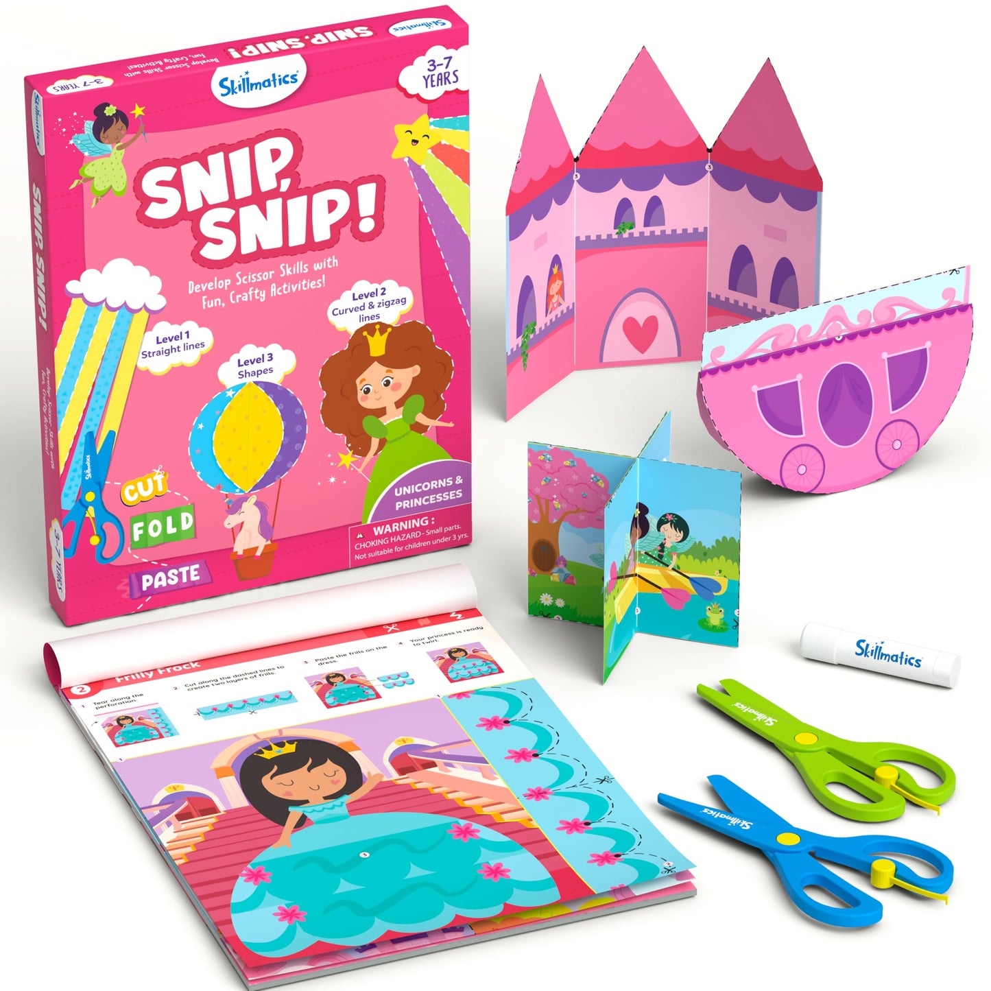 Skillmatics Scissor Skills Activity Book - Snip Snip Unicorns & Princesses, 25 Cutting & Creative Activities for Preschoolers, 2 Child-Safe Scissors, Felt Craft Kit, Screen-Free Fun, Gift for Ages 3-7