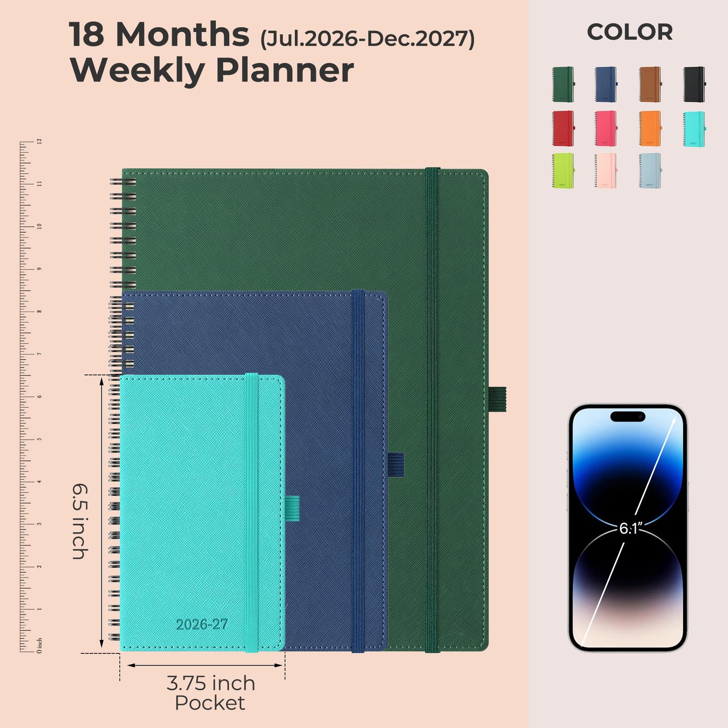 IN-LUXPRO Planner 2026-2027 Daily Weekly and Monthly,6.5"x3.75",18 Months Spiral Bound Calendar Agenda with Self-adhesive Pen Holder,2026 Academic Plan with Vegan Leather Soft Cover,Light Blue