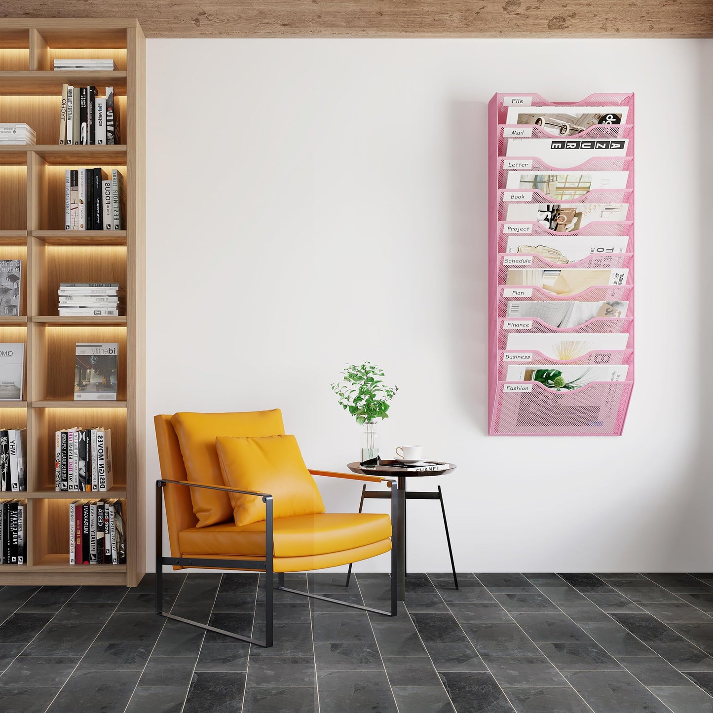 EasyPAG 10 Pocket Mesh Wall File Organizer, Hanging Paper Folder Holder with Classify Label, Vertical Wall Mount Mail Organizer for Office Home Classroom, Pink