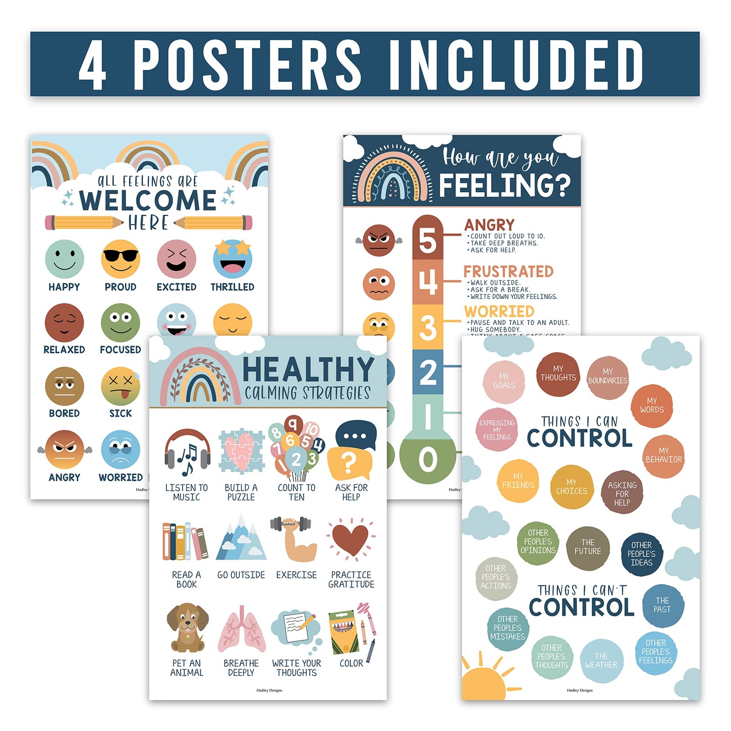 Hadley Designs Feelings Chart for Classroom Must Haves - Emotions Chart for Toddler Calm Down Corner Supplies, Feelings Wheel, Mental Health & Social Emotional Learning Posters, Boho Classroom Decor