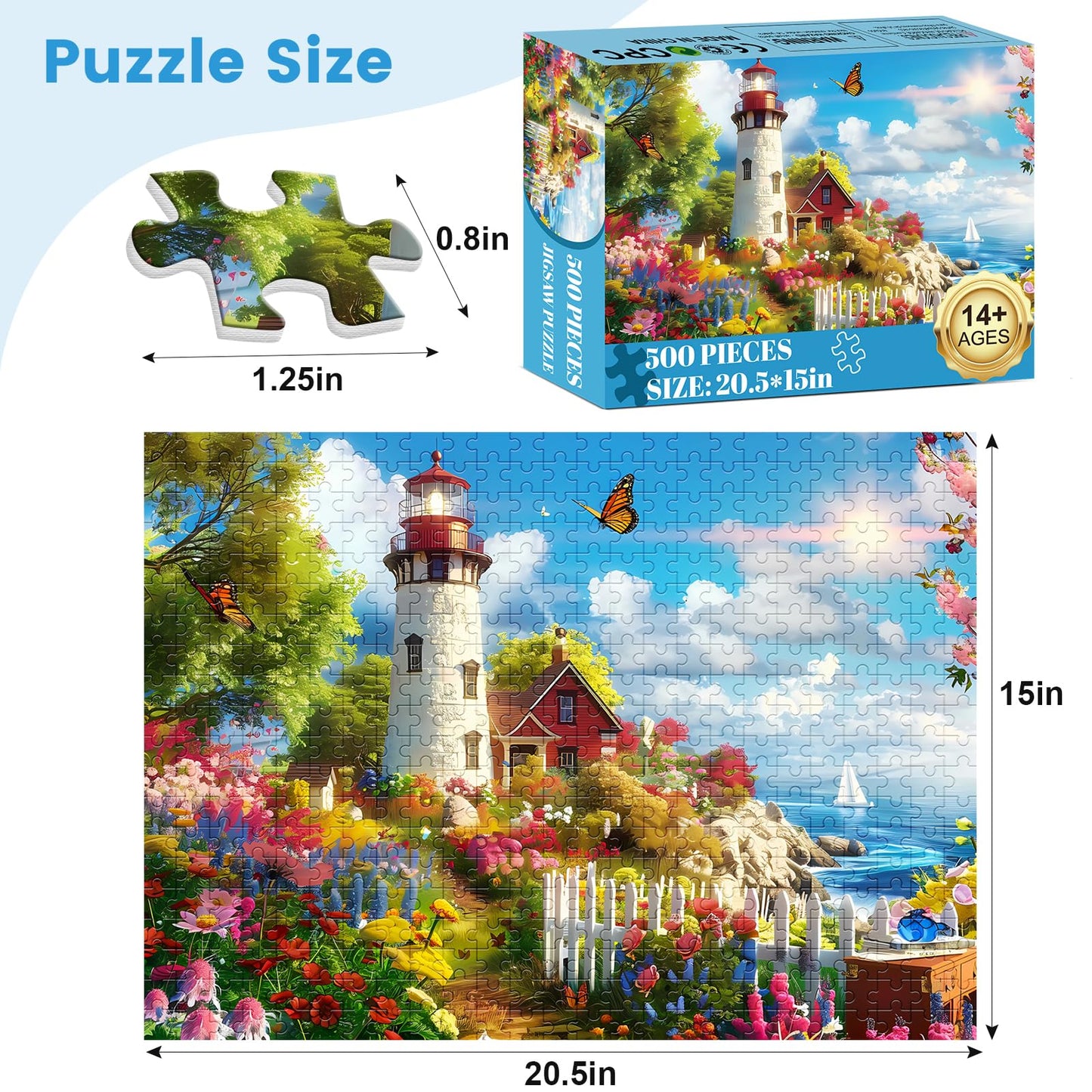 500 Pieces Puzzle for Adults Lighthouse Jigsaw Puzzle, Recycled Cardboard Jigsaw Puzzles 500 Pieces, Family Challenging Game, Nature Landscape Difficult Jigsaw Puzzle 20.5×15 in