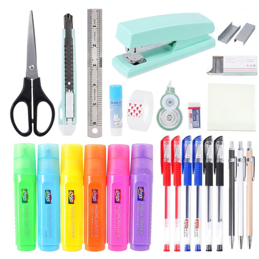 25 Pcs All-in-One Office Supplies Set, School Supplies Kit for High School & College, Stationery Set with Pens, Highlighters, Stapler, Scissors, Tape, Ruler, Correction Tape, and More