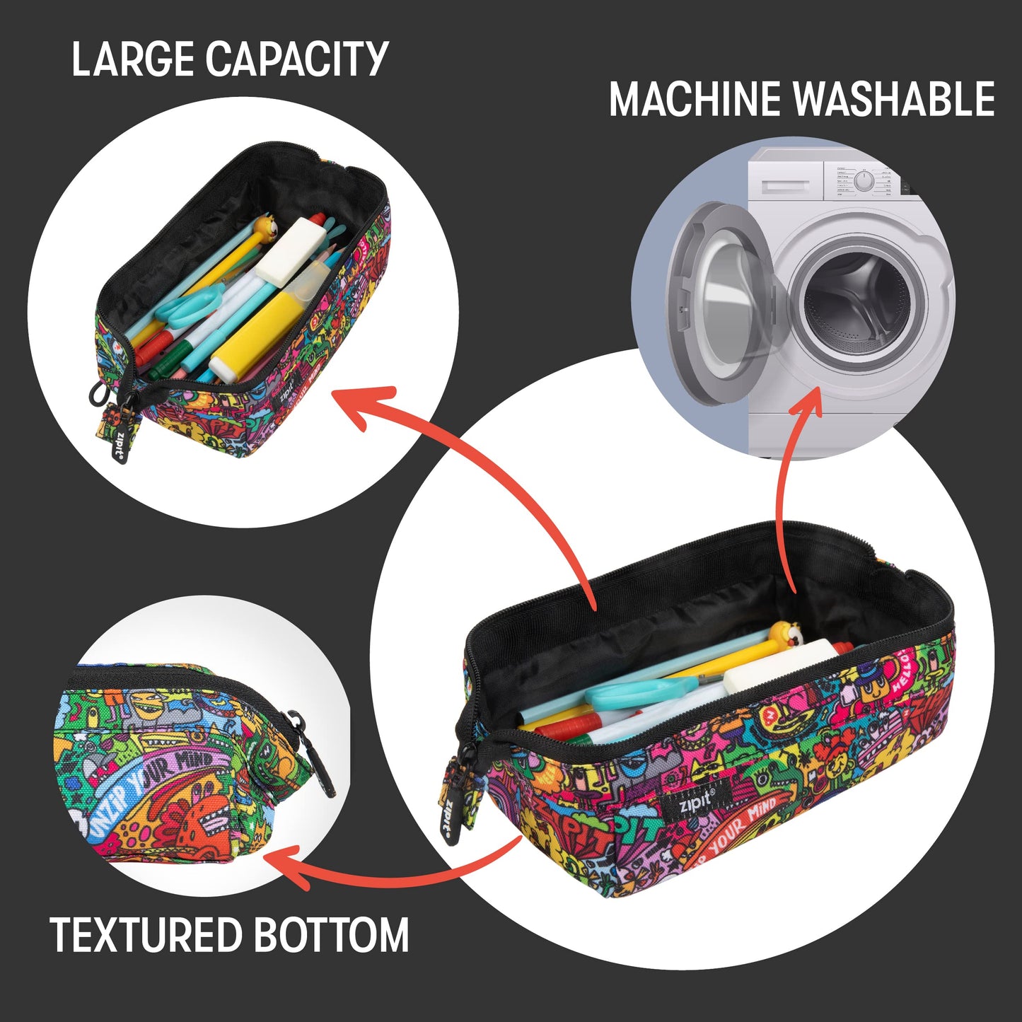 ZIPIT: Lenny Pencil Case - Doodles - Large Storage Capacity Zipper Pouch, Makeup-Stationery Bag, School-Travel, Washable Polyester, Kids-Teens-Adults