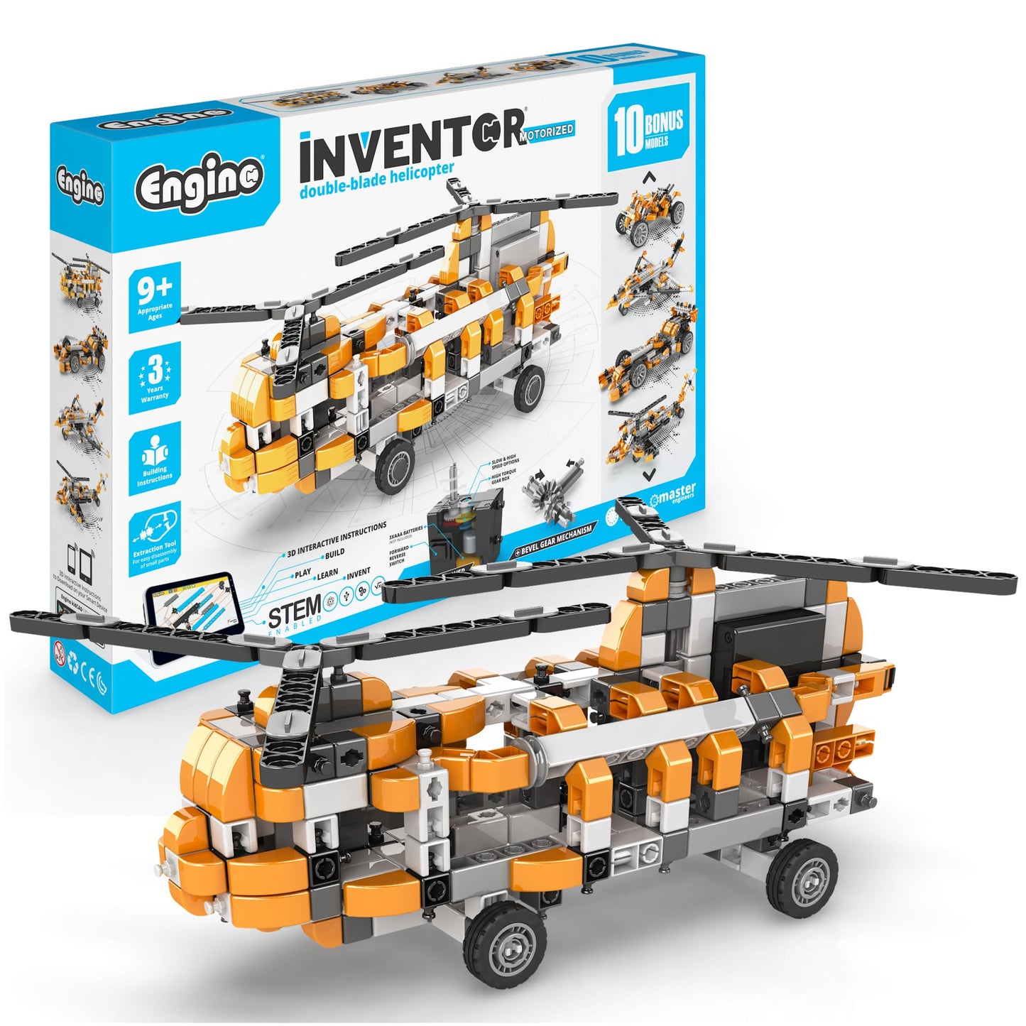 Engino Inventor STEM Toys, Motorized Double-Blade Helicopter, STEM Engineering Toys for Kids 9+, Building Kit, Gifts for Boys & Girls, Powered by Motor (10 Models to Build)