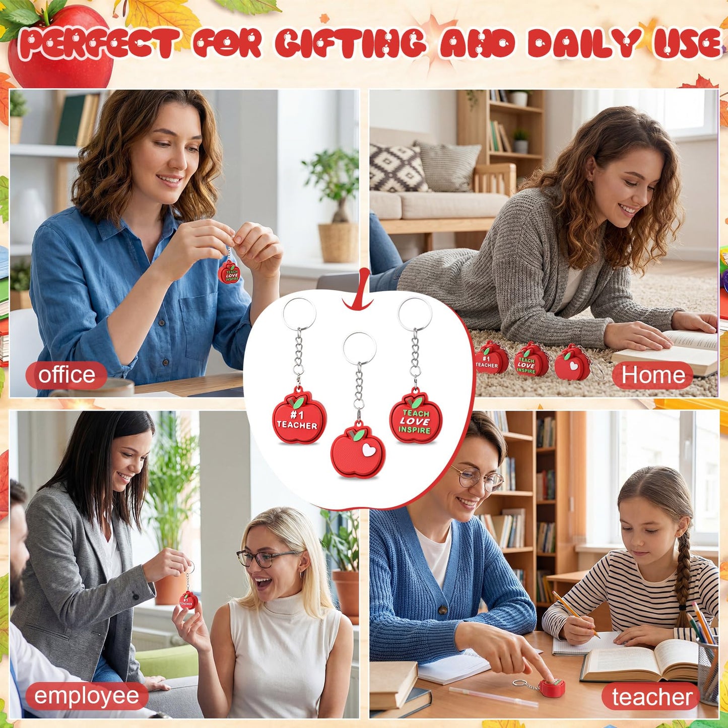 Kenning 12 Pcs Teacher Clicker Fidget Keychains Bulk 3D Printed Apple Sensory Fidget Toys Stress Relief Apple Keychains for Teacher Appreciation Gifts Back to School Favors End of Year Gifts
