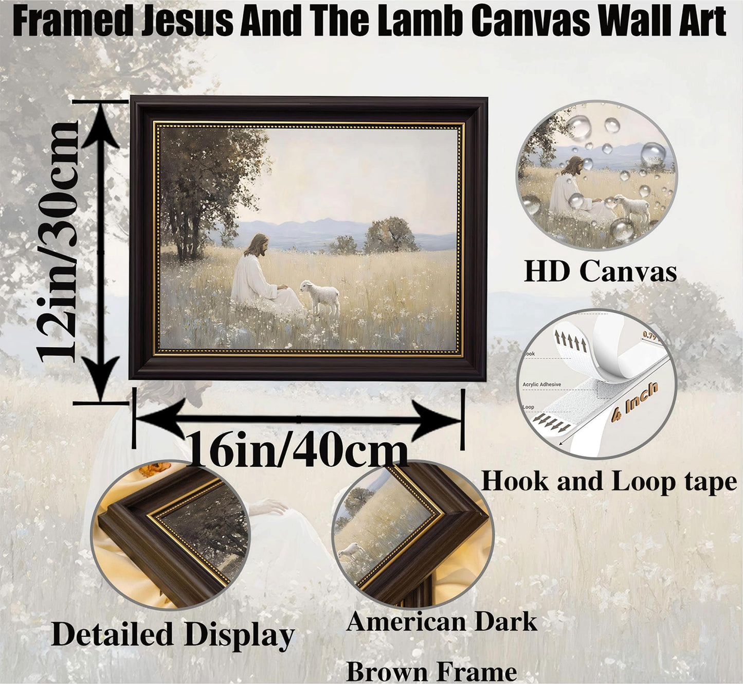 Dark Brown Framed Jesus And The Lamb Canvas Wall Art Jesus Leaves The 99 Sheep Wall Decor Picture Christian Bible Stories Poster Print Artwork for Church Living Room Bedroom Decoration