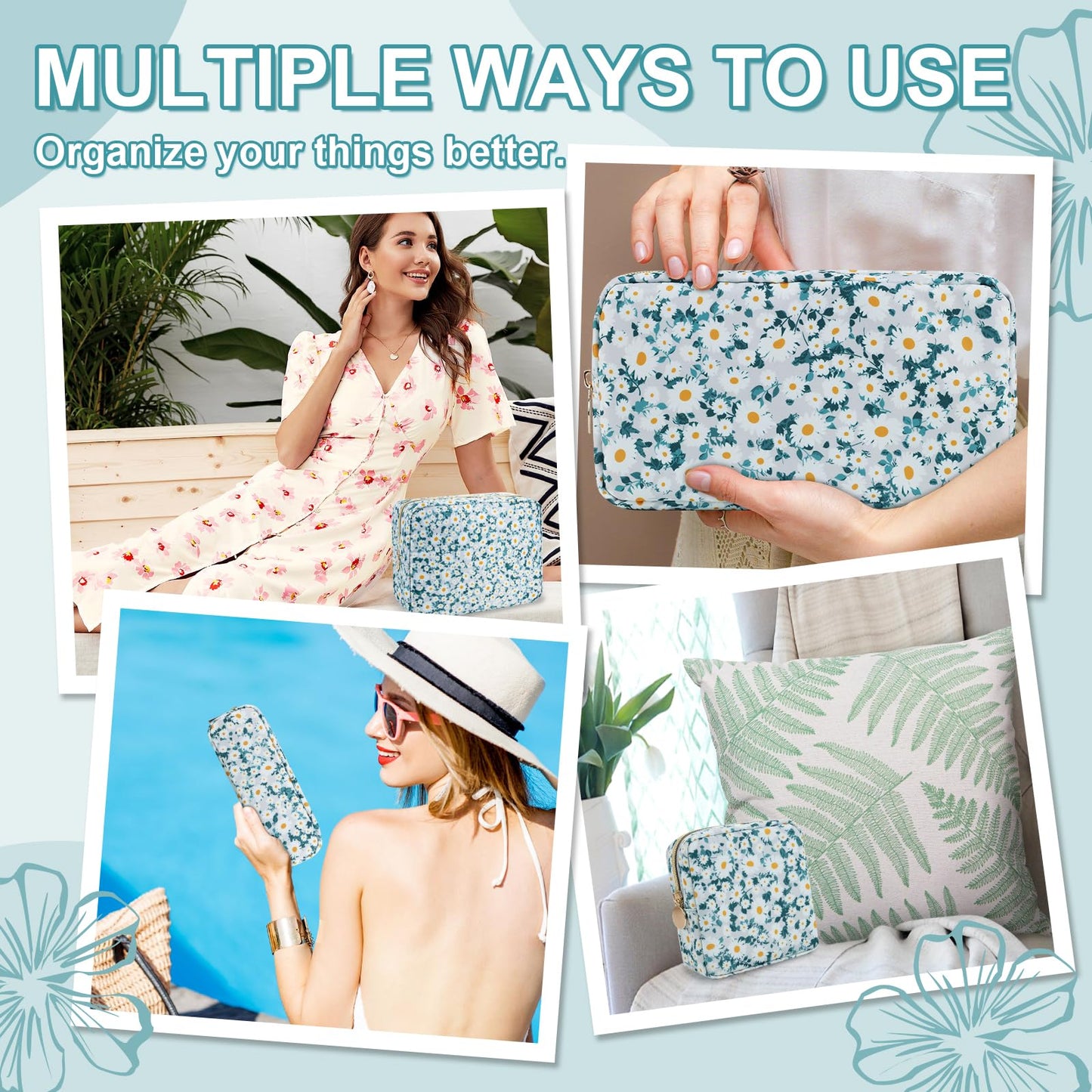 UIXIZQ Waterproof Large Floral Makeup Pouch,Nylon Travel Toiletry Storage Purse Preppy Cosmetic Bag for Women Girl,Large Capacity Makeup Organizer Zipper Pouch for Work(L Green-Daisy)