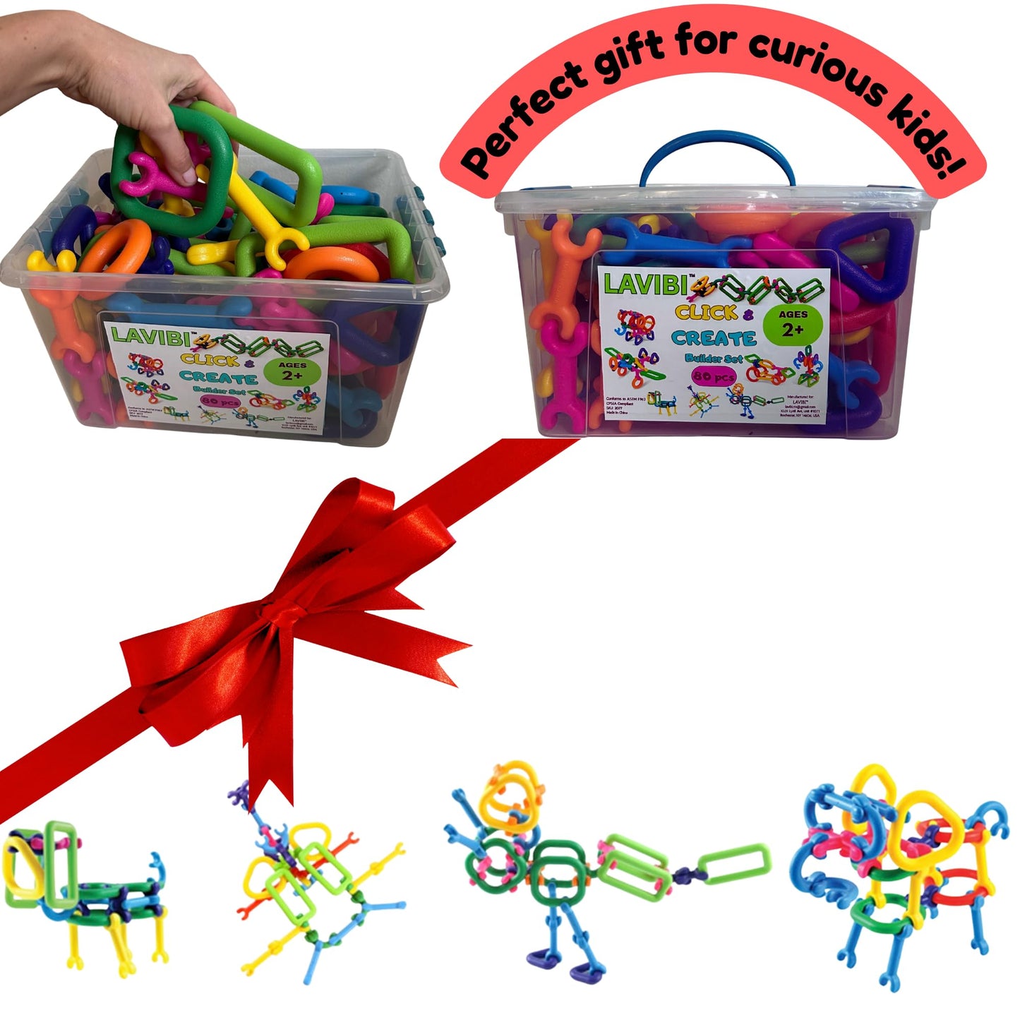 LAVIBI Click & Create Builder Set (80 pcs) - STEM Educational Interlocking Building Blocks for Kids Ages 2-7, Creative Construction Toy for Boys & Girls, Colorful Fine Motor Skills Toy