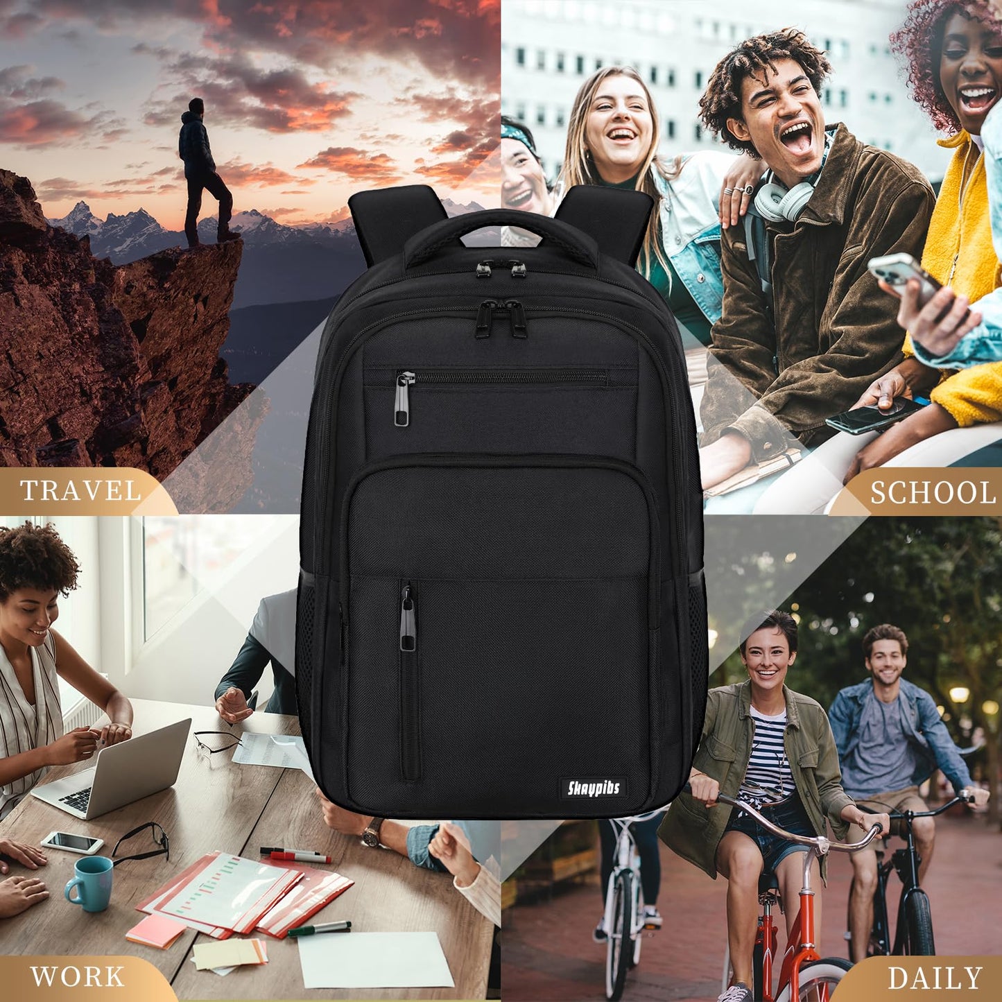 Backpack for Women Men, School Backpack for Boys Girls Teens, 17.3 Inch Laptop Backpack with Reinforced Straps, College Middle High School Bookbag, Water Resistent Business Mochila para hombre, Black
