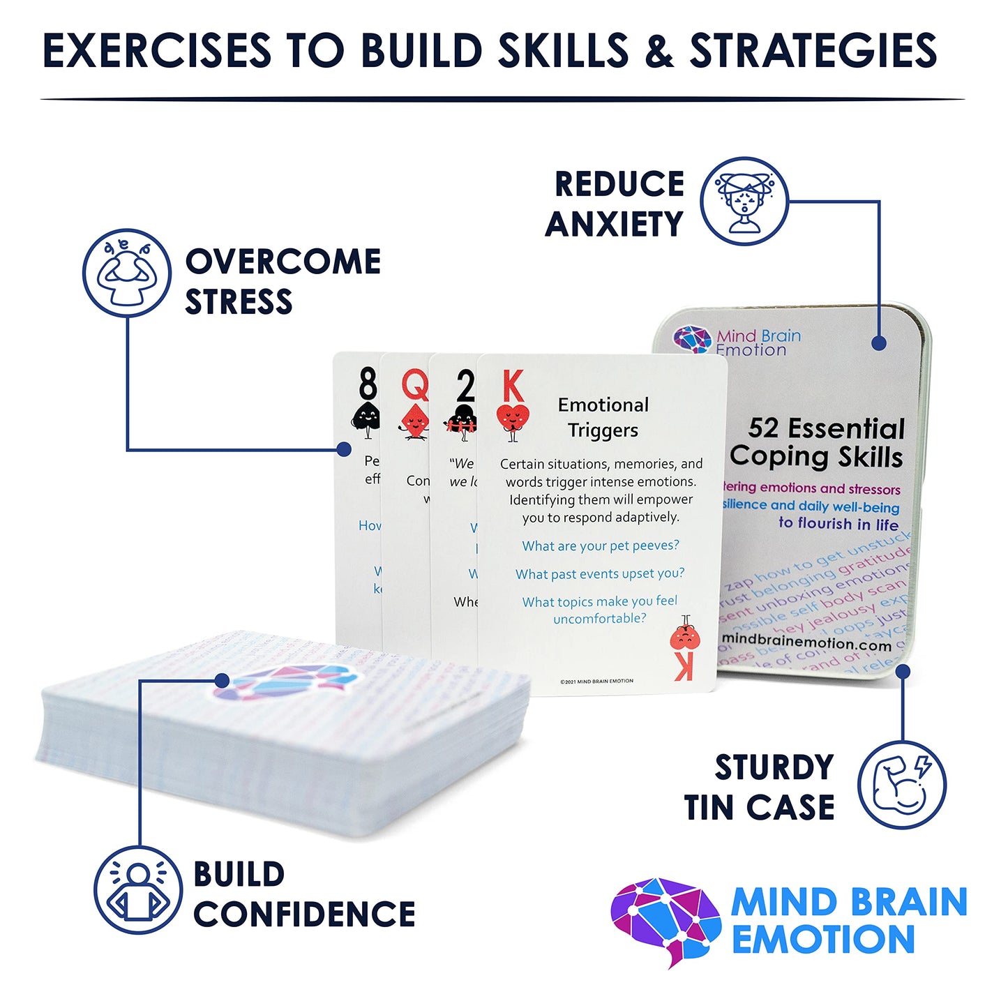 Mind Brain Emotion 52 Essential Coping Skills Cards - Self Care Exercises for Stress and Social Anxiety Relief - Resilience, Emotional Agility, Confidence Therapy Games for Teens, Adults
