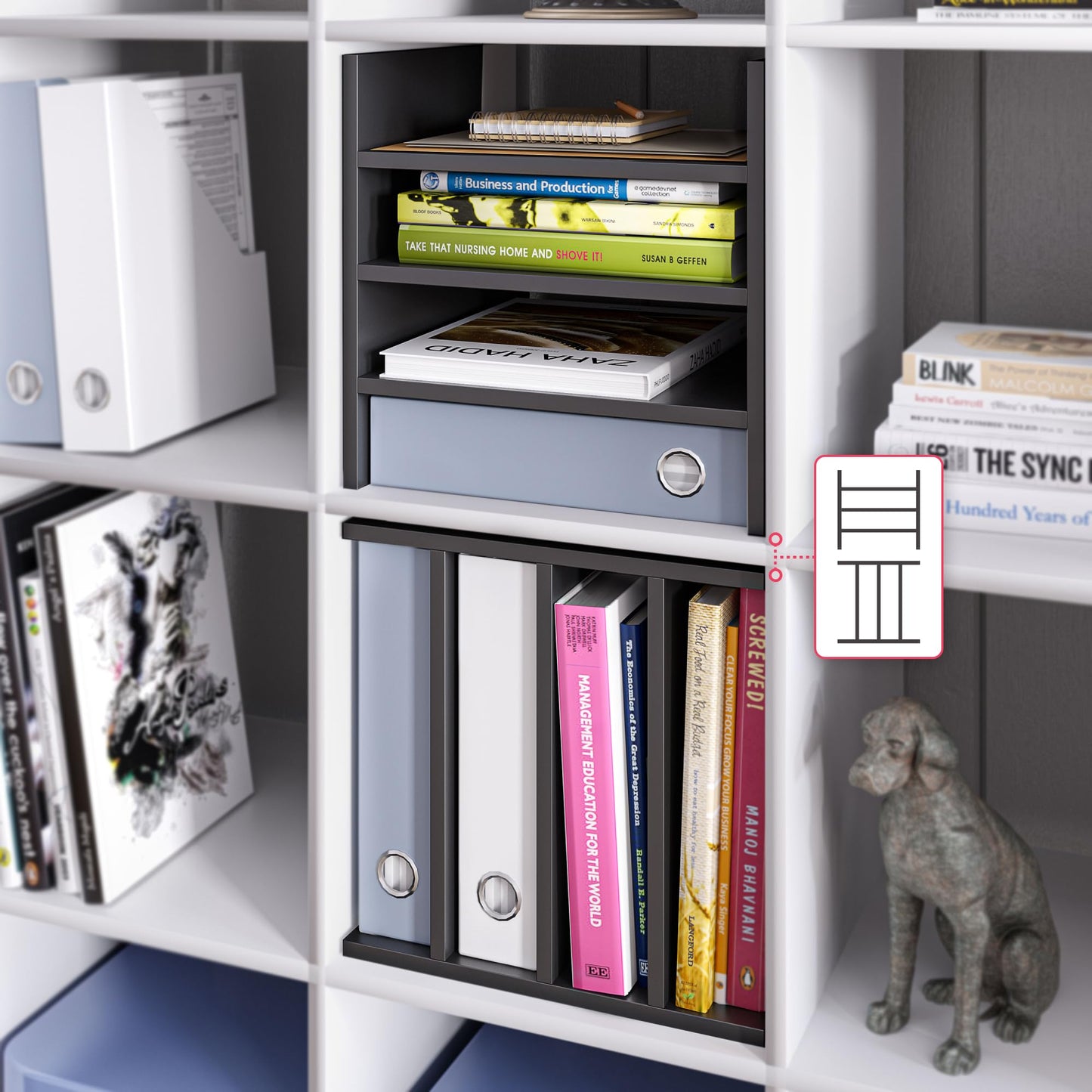 Ballucci 4-Tier Paper Sorter and File Organizer for Desk, Wood Mail Sorter, Fits into IKEA Kallax and ClosetMaid Cube Storage Shelves, Paper Tray, Mail Holder Stand for Classroom, Office, Black