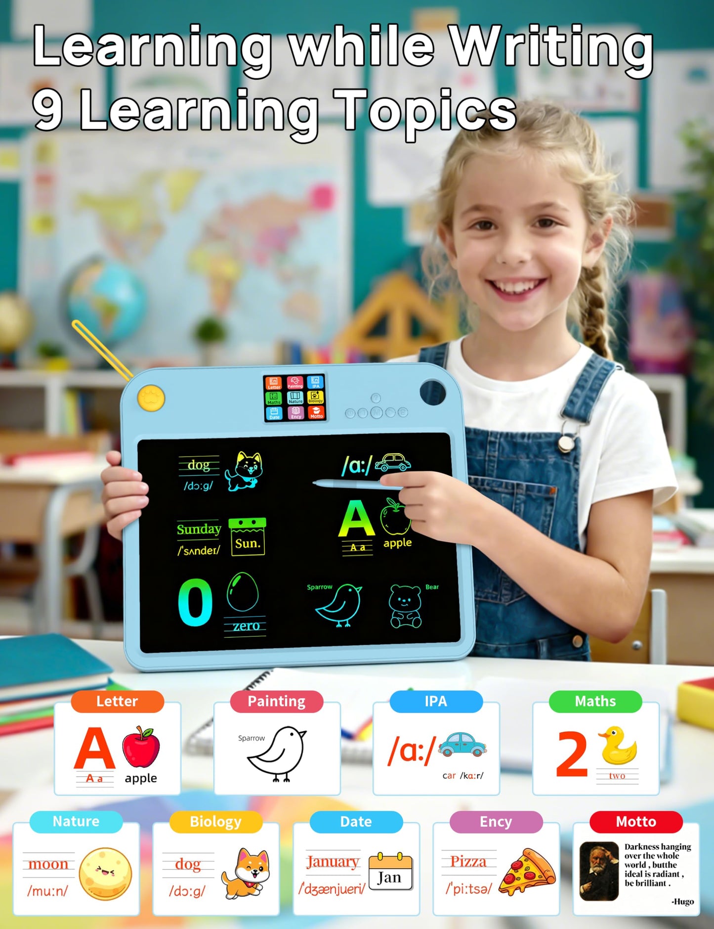 Multifunctional LCD Writing Tablet for 4-9 Kids Dual-Screen Pad（9 Learning Themes） Charging Erasable Board with Extra Stylus Lock Switch,Educational Learning Toys Birthday Gifts for Girls Boys (Blue)