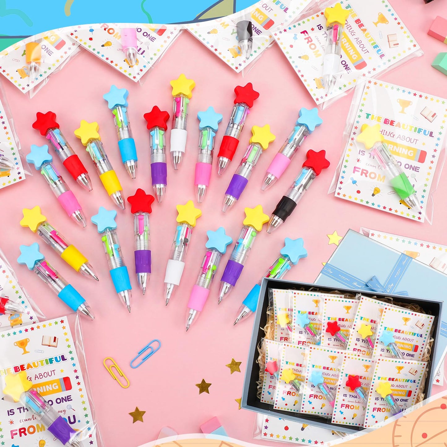 Resurhang 36 Set Back to School Gifts for Student Star 4-in-1 Ballpoint Pen with Motivational Card Clear Gift Bag Star Ballpoint Bulk for First Day of School Party Favor Teacher Rewards Event