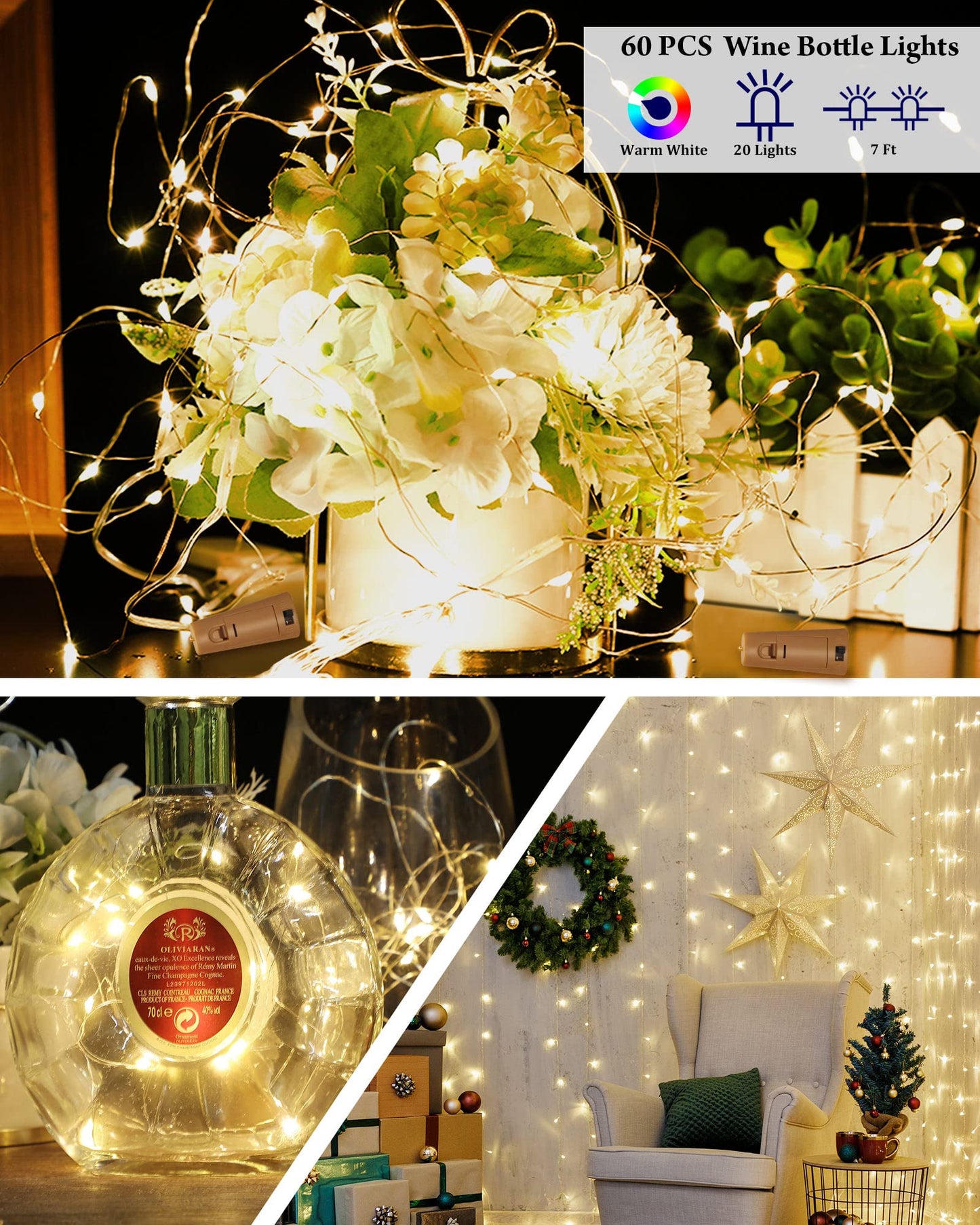 Hortsun 60 Pack Cork Fairy String Lights, 20 LED, 7 ft Silver Wire, Battery Operated, Waterproof, Warm White for Decor and Parties