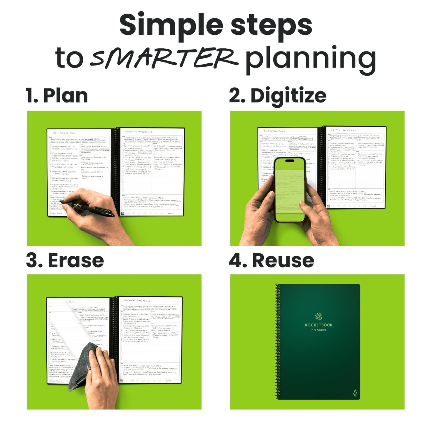 Rocketbook Flex Reusable Planner, Smart Undated, Daily, Weekly, Monthly, Annual Calendar Templates, Letter Size 8.5x11, Green (Pack of 1)