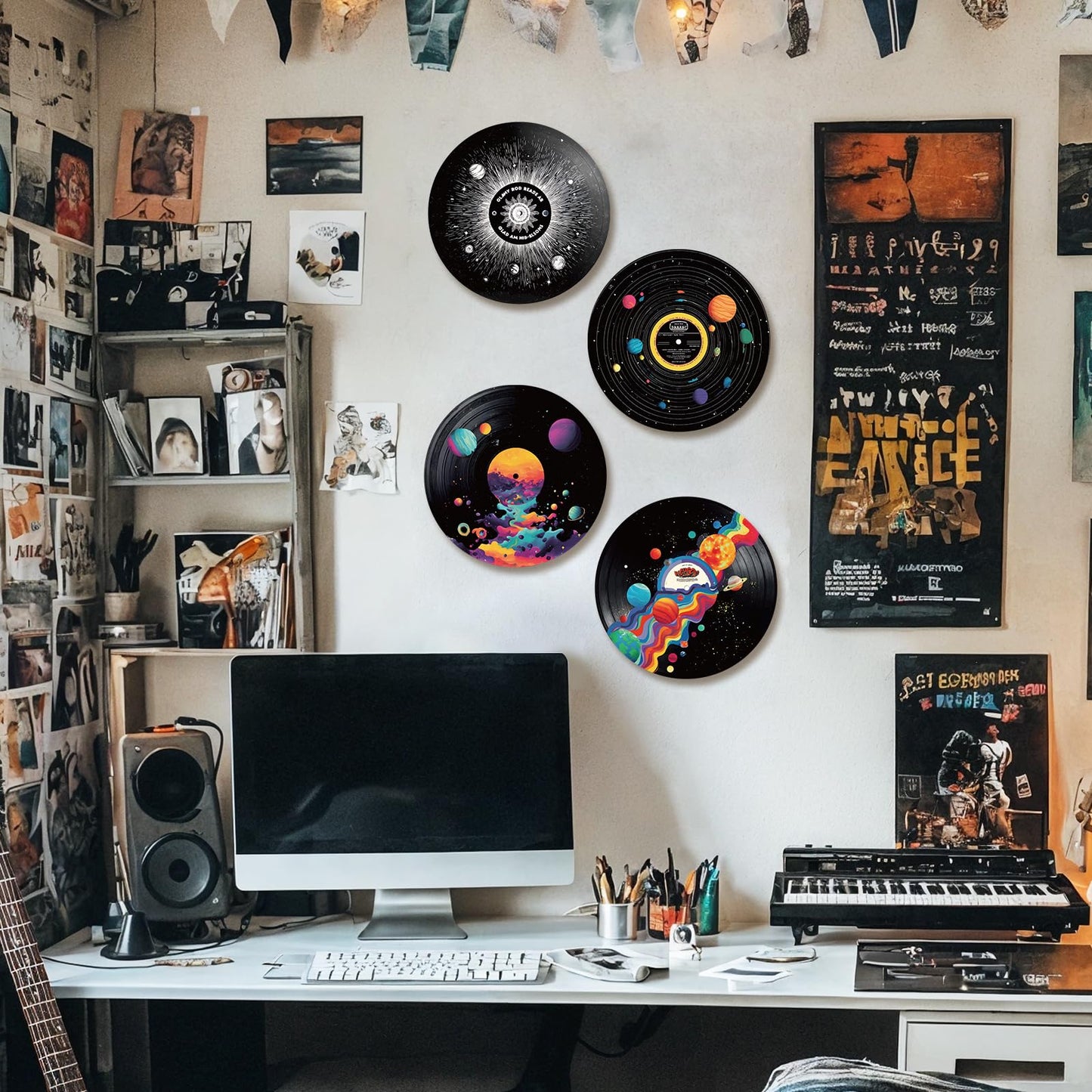 DOODLREAM 4PCS Universe Planet Vinyl Record Wall Decor 12" Hippy Universe Wall Art Posters for Room Aesthetic, Solar System Retro Record Decor for Music Party Studio Living Room DIY Craft Project