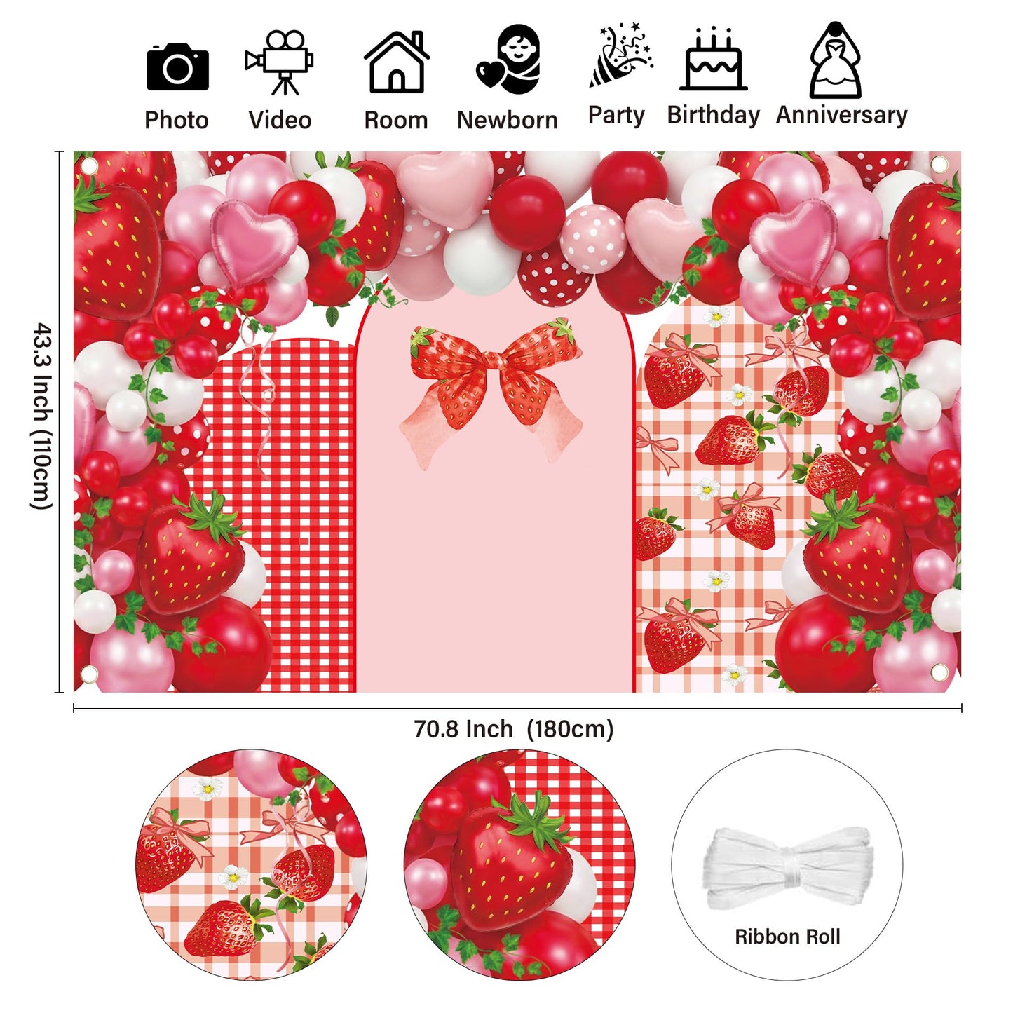Strawberry Backdrop Berry Birthday Decorations - Strawberry Shortcake Backdrop Cover Pink Red Balloon for Birthday Party Supplies Baby Shower Gender Reveal Wedding Photography Photography 71x43 Inch