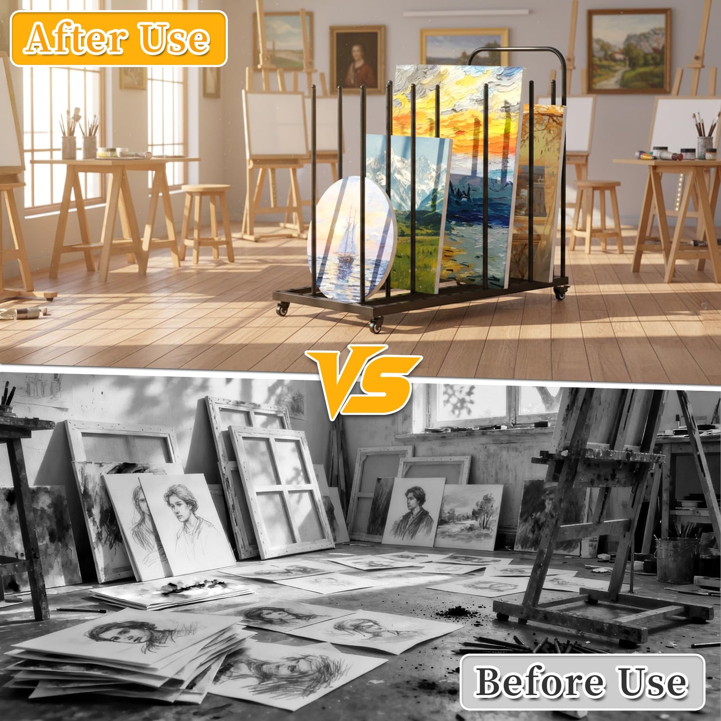 Tredre Art Storage Rack with Locking Wheels, Adjustable Metal Art Drying Painting Rack, Large Canvas Storage Display Stand for Drawing Boards, Panel, Crafts, Art Studio, Classroom and Gallery