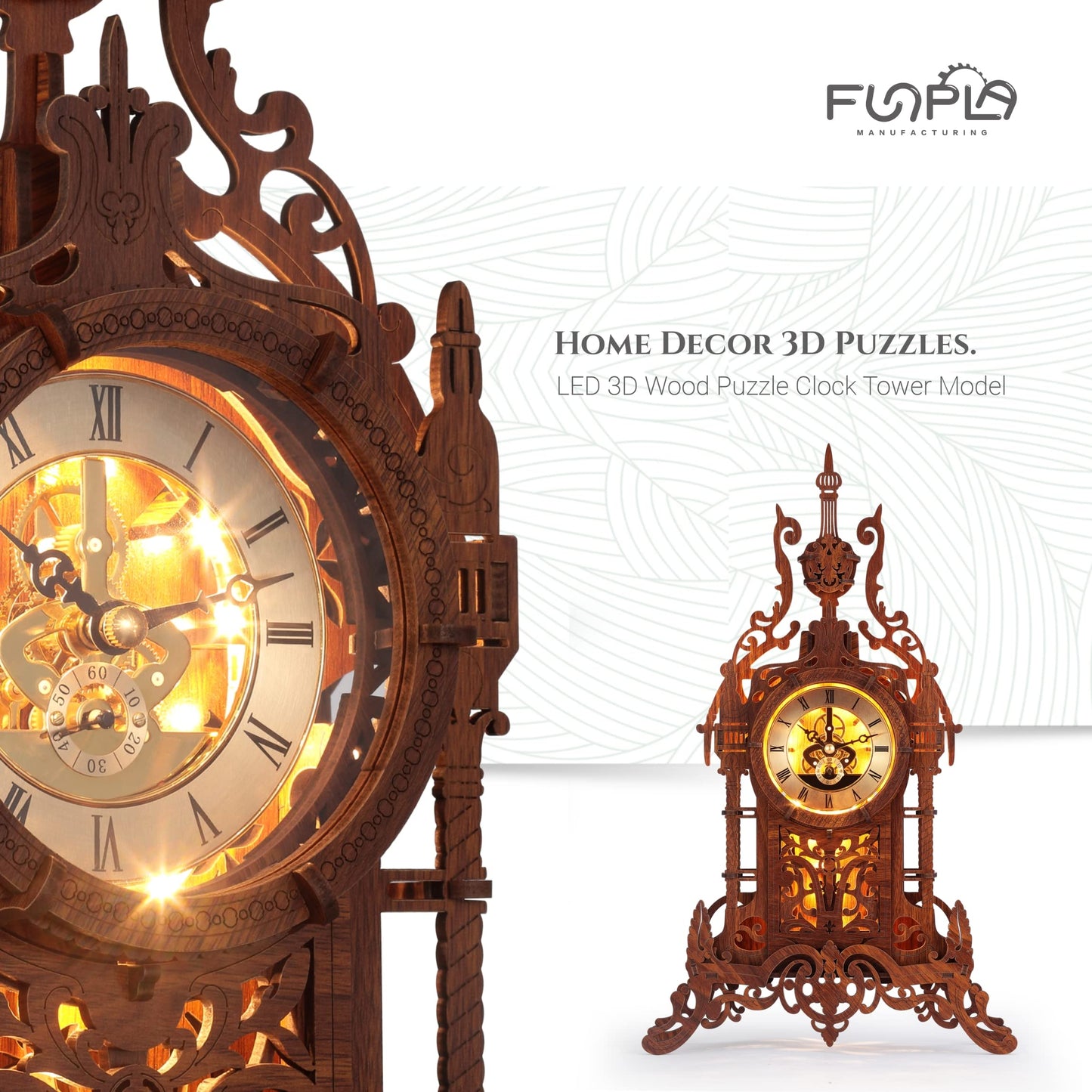 FUNPOLA LED 3D Wood Puzzle Clock Tower, 3D Puzzle Building Model, 3D Home Décor Puzzle DIY 3D Clock Kit for Adults (LED-WTC02)
