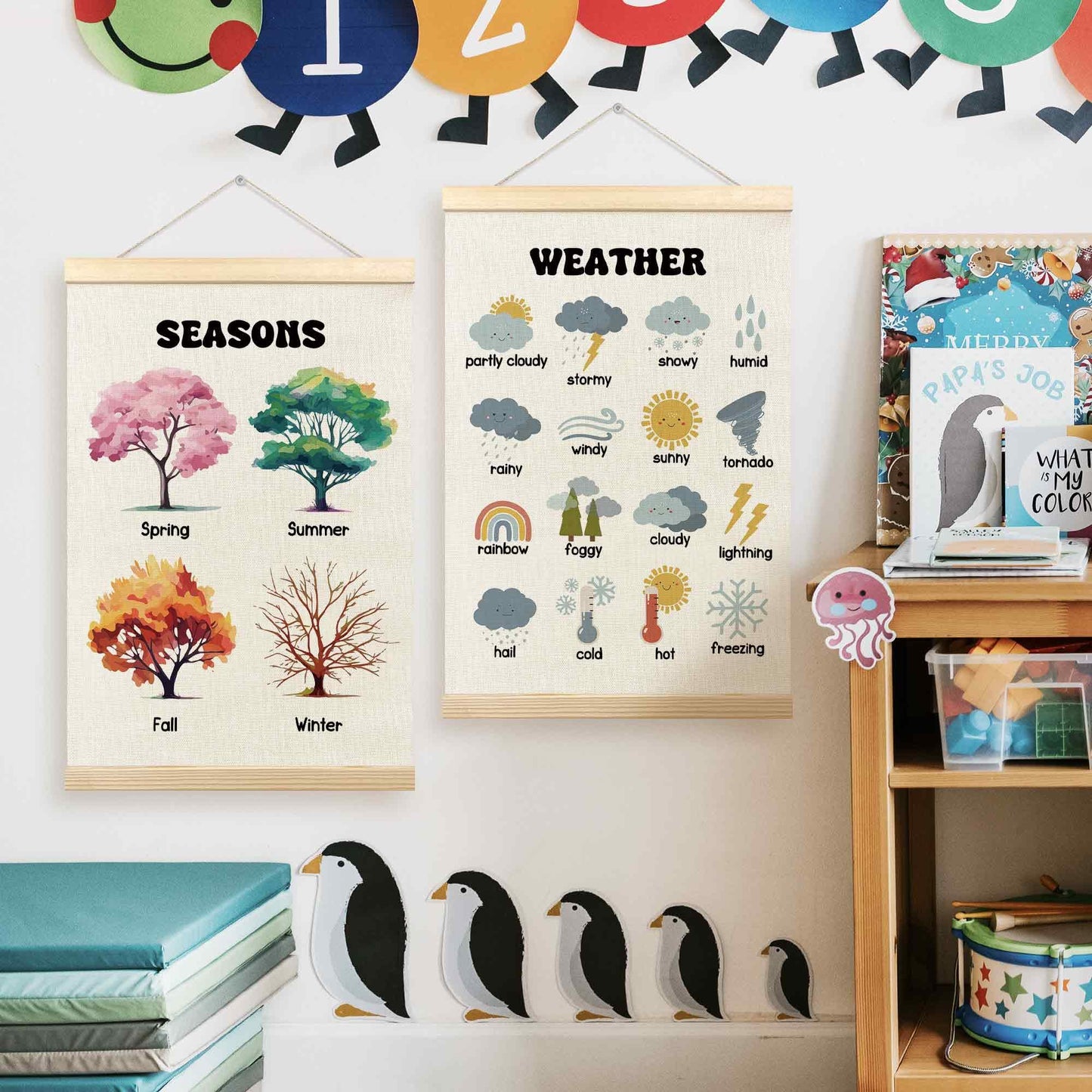 TLESKE 4 Seasons Weather Chart Poster Hanger Frame for Toddler Kid Classroom Set of 2, Homeschool Hanging Wall Art Decor for Nursery Playroom, Preschool Prek Learning Educational Poster, 16x24