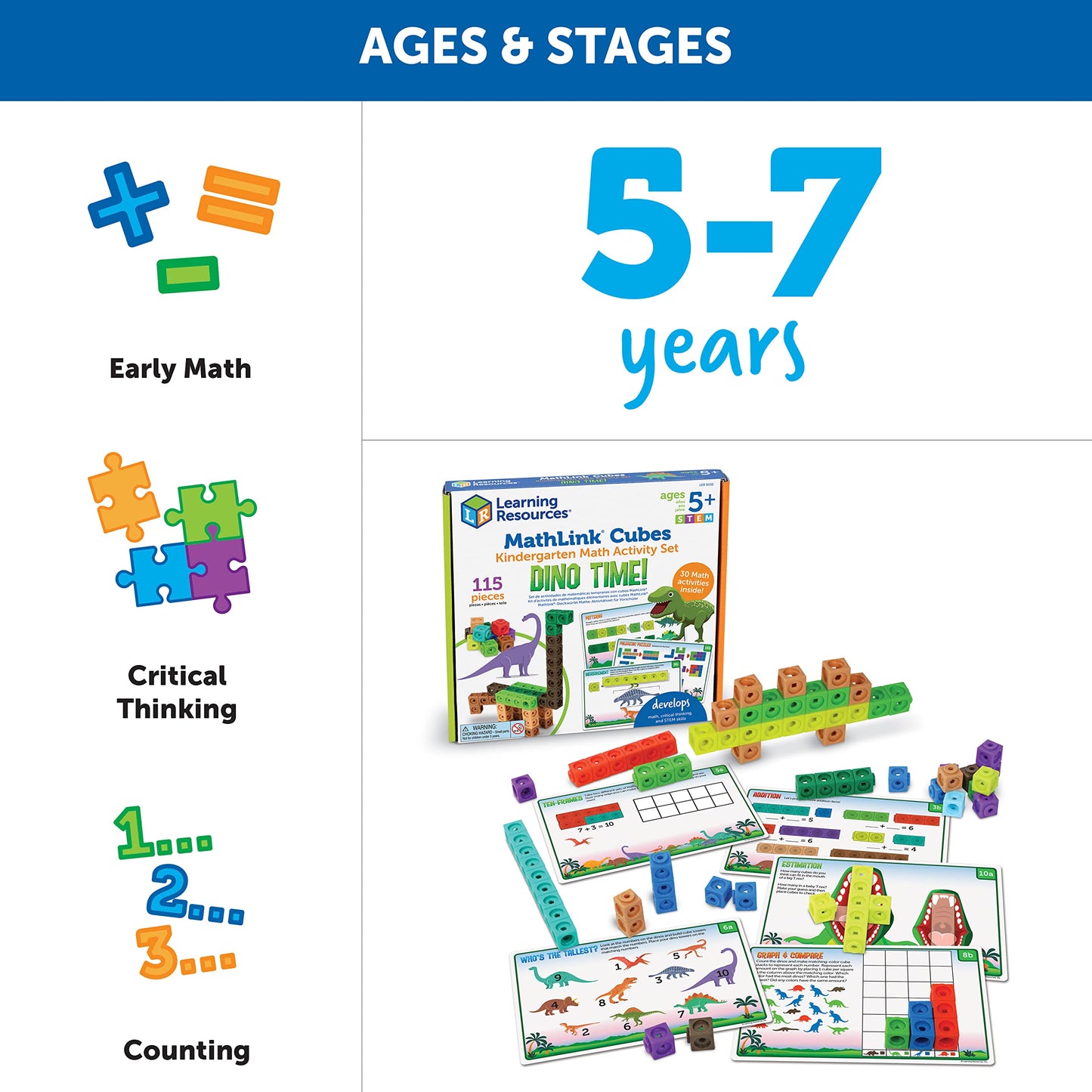 Learning Resources MathLink Cubes Kindergarten Math Activity Set: Dino Time! - Math Manipulatives for Elementary School, Kindergarten Toys, Counting Blocks for Classroom Centers and Homeschool