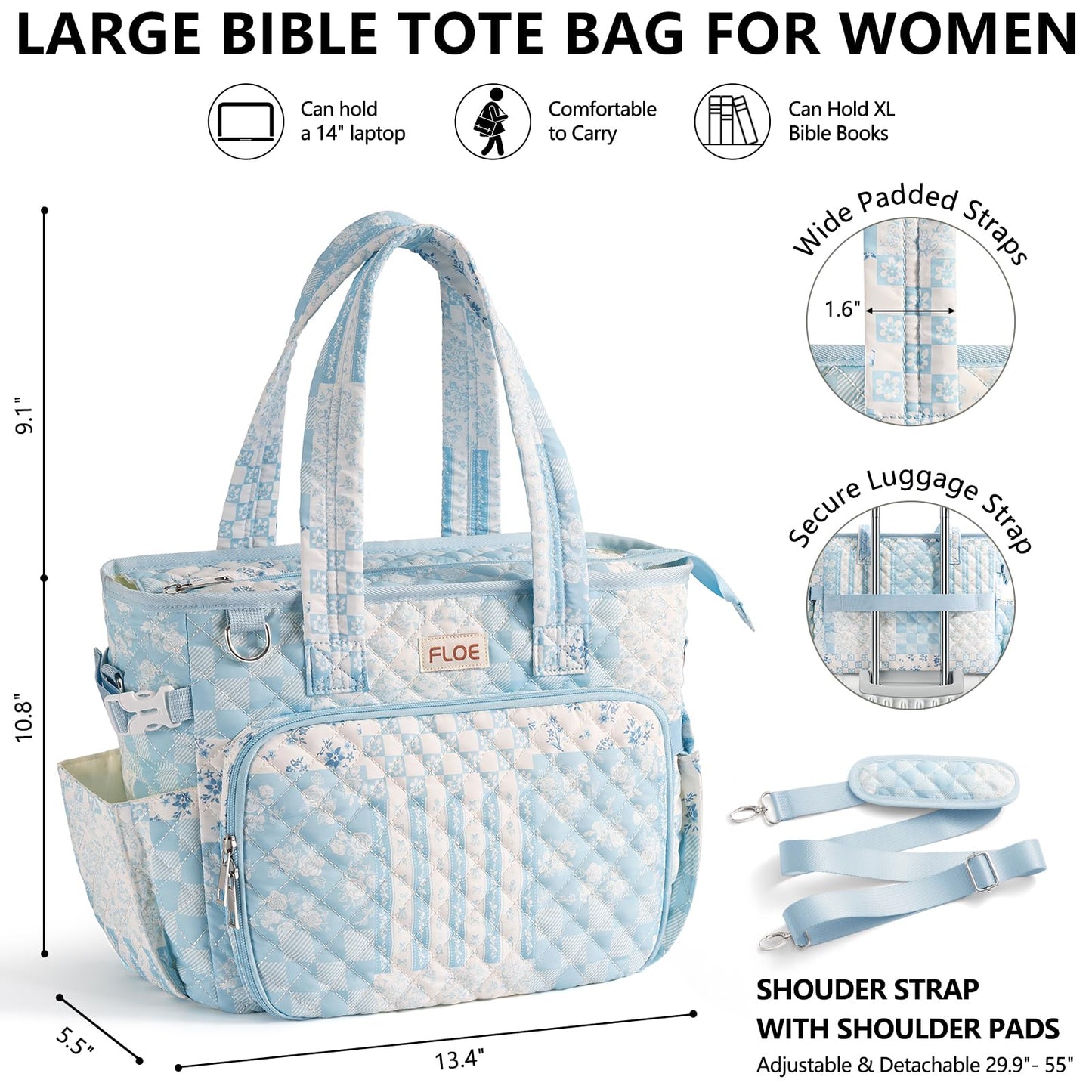 Large Bible Bag for Women Bible Cover Case, Quilted Puffer Bible Tote Bag Church Bag w/Shoulder Strap, Bible Study Supplies Journaling Kit Accessories Pen Tabs, Christmas Christian Gifts for Women Mom