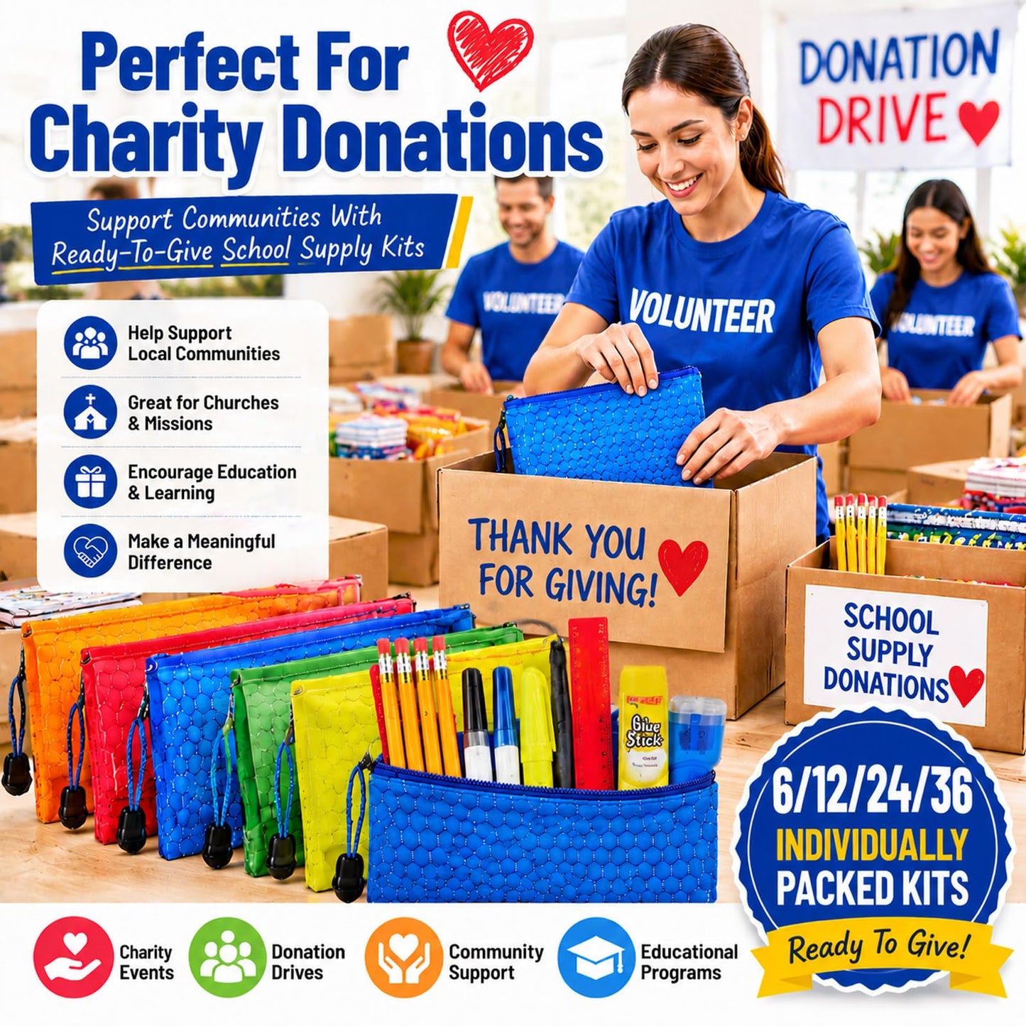 36 Pack School Supplies Bundle Bulk,Individually Wrapped Classroom Kits for Nonprofit Outreach,Community Support,Donation Campaigns and Group Distribution