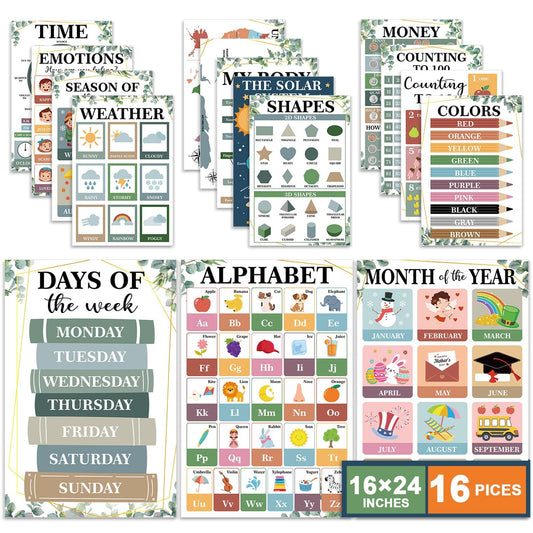 16 Pcs 16”x24” Large Educational Posters for Classroom Decor Educational Posters for Toddlers 1-3 Learning Poster for Boys Girls Ages 3-5 Kindergarten Preschool Classroom Teacher Must Haves Eucalyptus