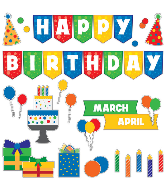 Carson Dellosa 106 pc Bundle of Birthday Decorations, Calendar Monthly Headers, Hats, Presents, Candles, Cake, and Balloon Cutouts for Party, Classroom, Bulletin Board, and Wall Decor