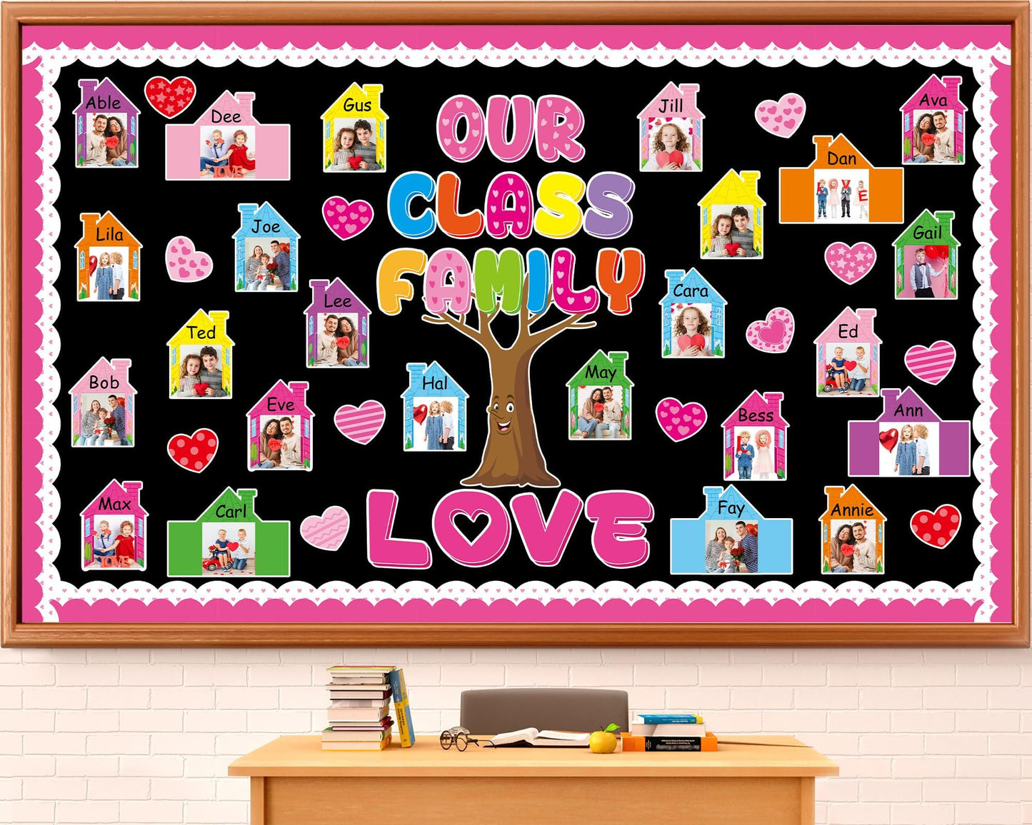 Back to School Bulletin Board Set Our Class is a Family Classroom Decoration with 3D Photo Frame House Pink Paper Cutouts Family Tree Bulletin Board for Home Office School Classroom Wall Decor