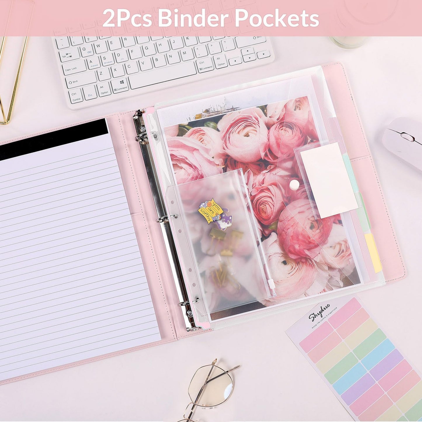 SKYDUE 3 Ring Binder with Clipboard, 13.2" × 10.2" Faux Leather 1 Inch Binder Organizer with 5 Pocket Dividers, Notepad, Labels & 2 Storage Pockets for Teachers, Students, Nurses & Office Work