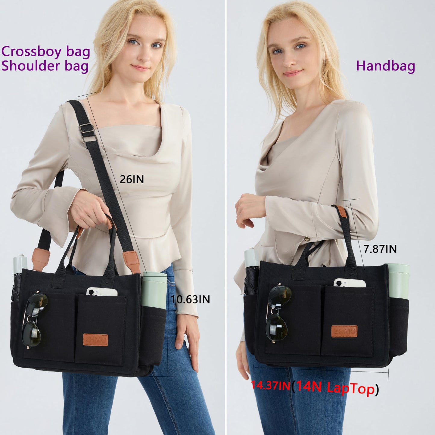 ZHMO Canvas Tote Bag for Women With Compartments and Zipper,Black Women's Bags Crossbody Bags Work Laptop Tote Bag Large Satchels Handbag Tote Purse Everyday Shoulder Bag for Travel Nurse Teacher Gift