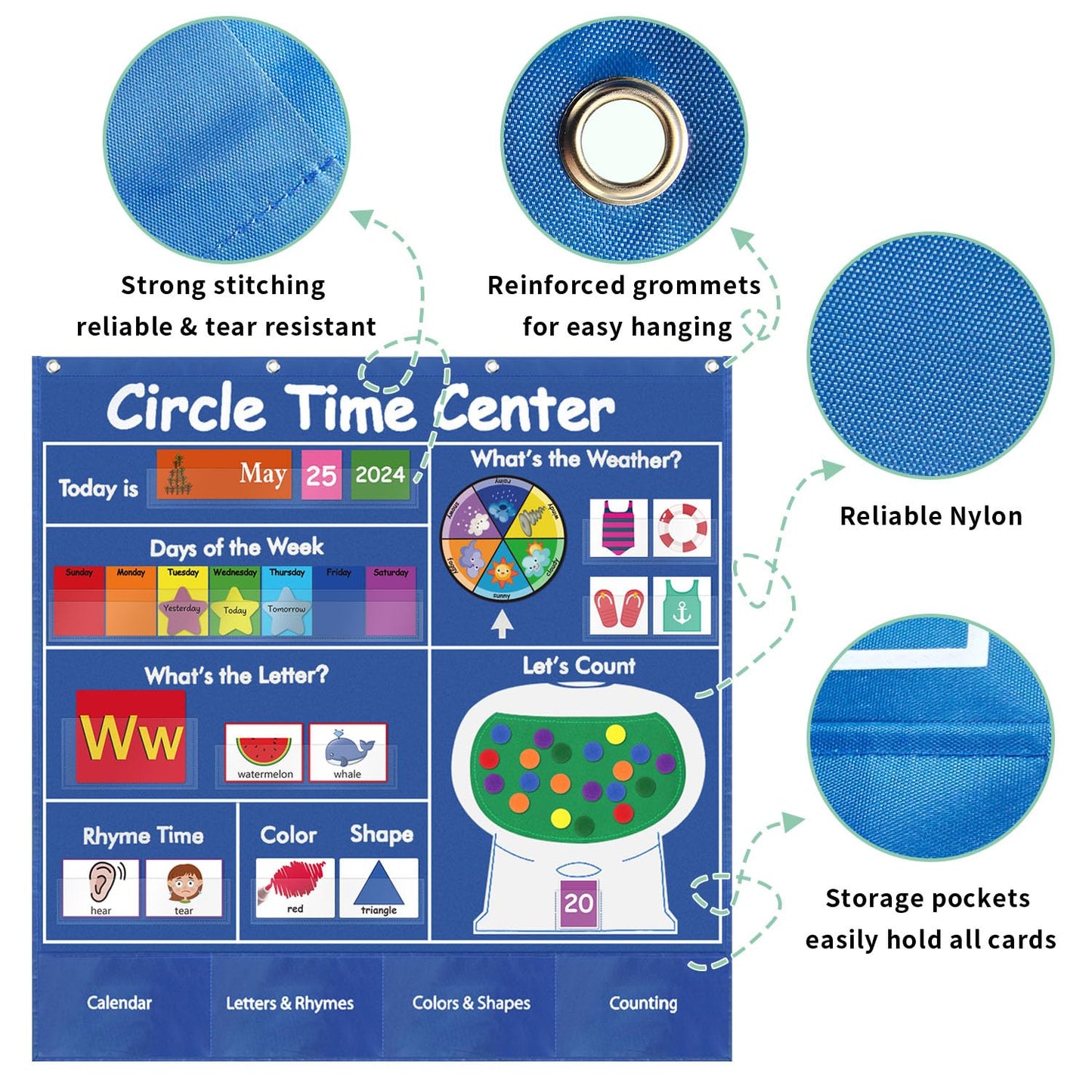 Boczif Circle Time Learning Center Pocket Chart for Classroom, Educational Teaching Materials Learning Calendar Weather Number Counting Letter Color Shape Wording Rhyme Pictures (Blue)