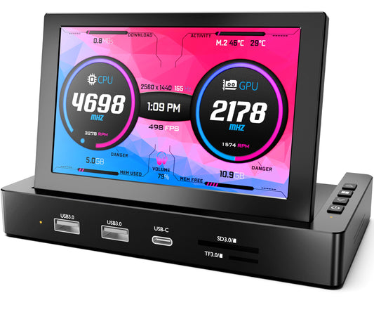 ROADOM 5'' Mini Monitor with Raspberry Pi Mount Holes & USB HUB, Type-C One-Cable Connection&Speakers, All-in-One Storage Dock, Pocket IPS Screen for PC monitoring/Gaming/AIDA64/Streaming Partner