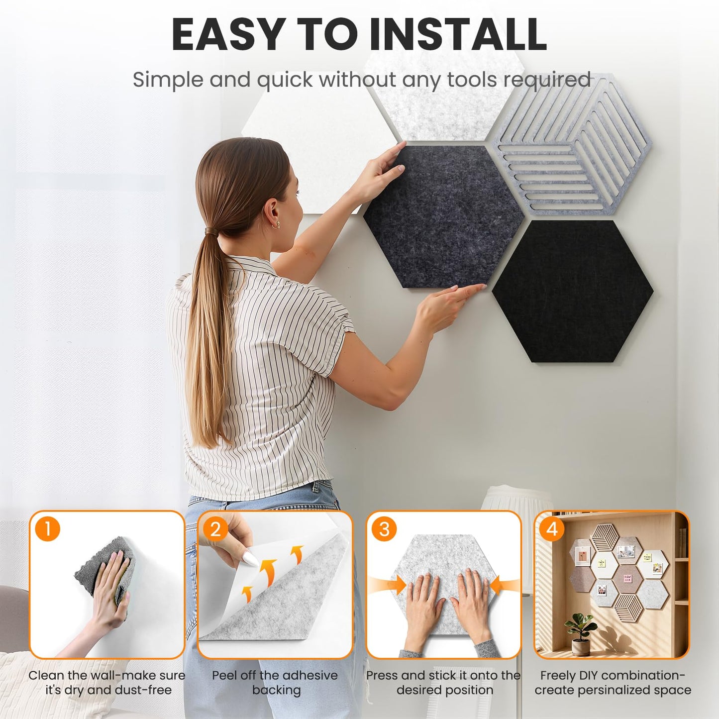 Hexagon Cork Bulletin Boards for Walls Decor, 10 Pack Felt Board Tiles with 25 Push Pins, Photo Display Board for Office & Home Classroom DIY Decor